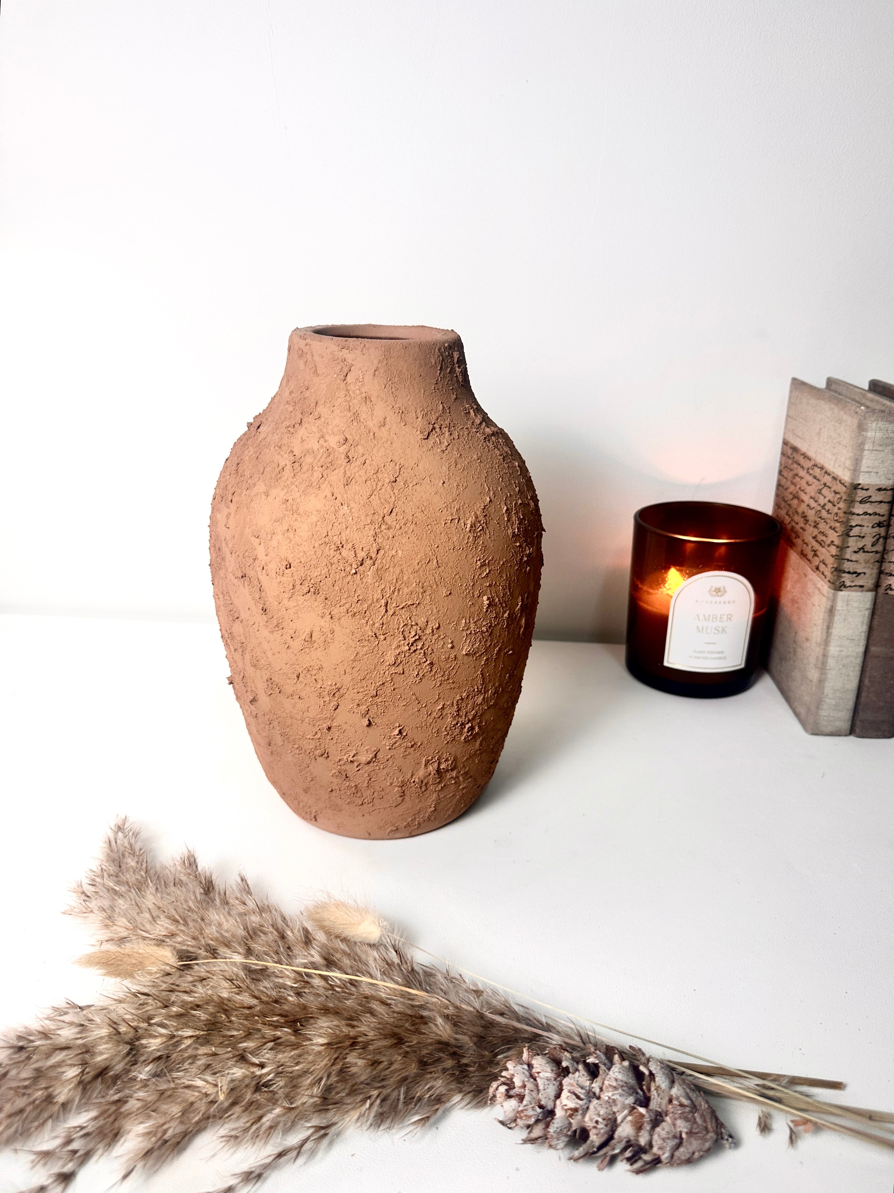 Rustic Ceramic Vase Textured Handcrafted 10" tall - Terracotta Brown