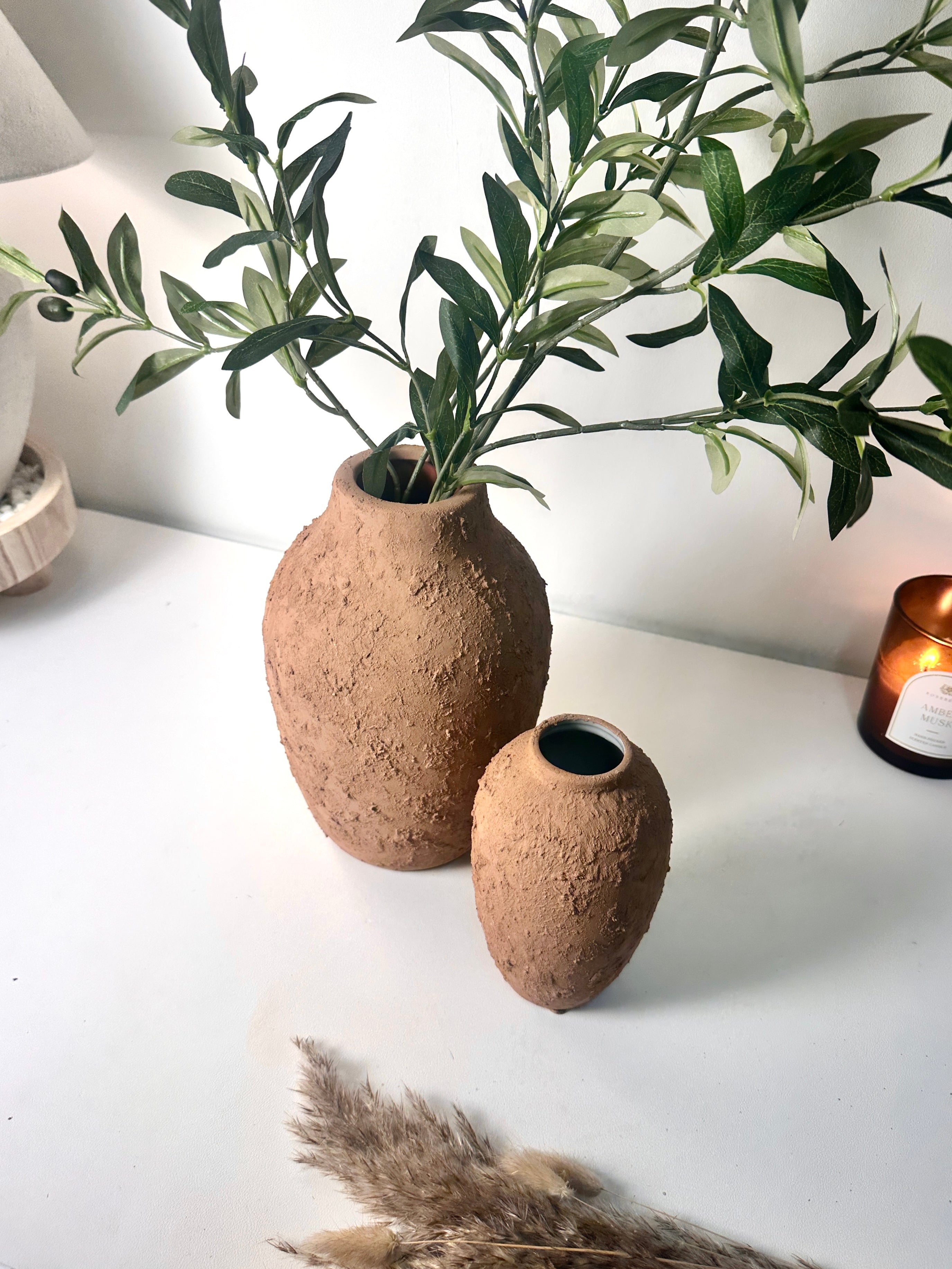 Rustic Ceramic Vase Textured Handcrafted 10" tall - Terracotta Brown