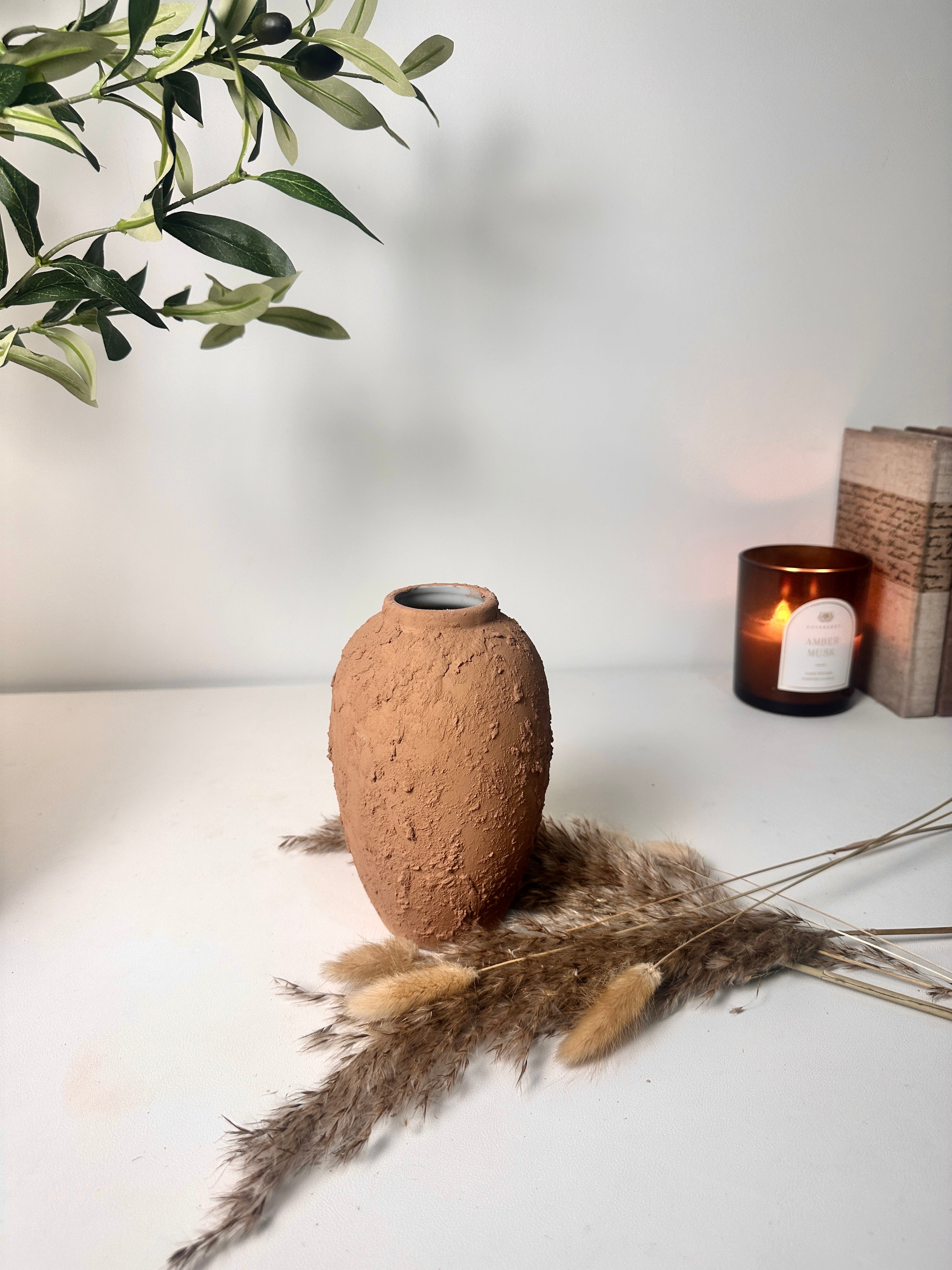 Rustic Ceramic Small Vase Textured Handcrafted 7" tall - Terracotta Brown