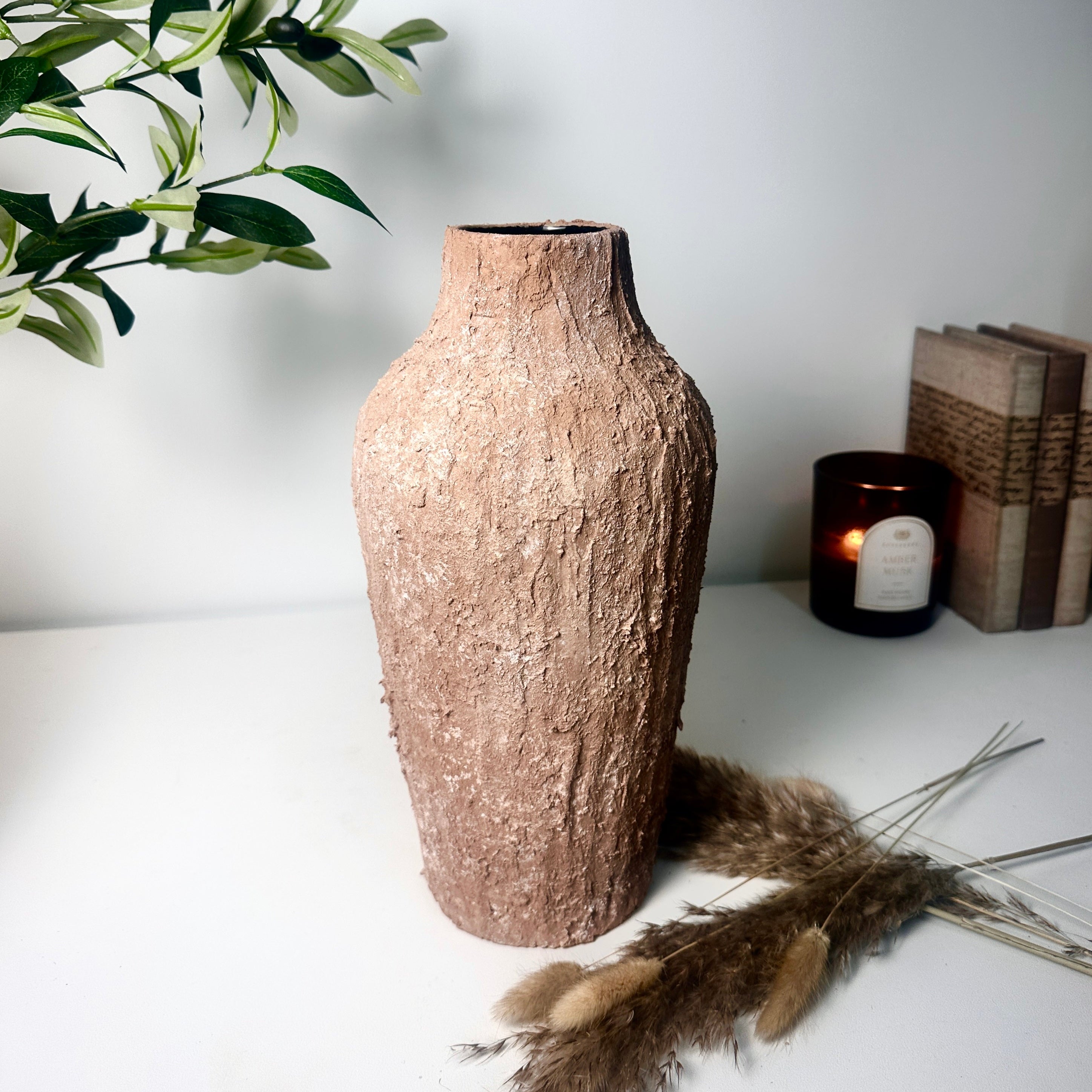 Rustic Textured Hand-Painted Ceramic Vase 13" tall - Terracotta Brown
