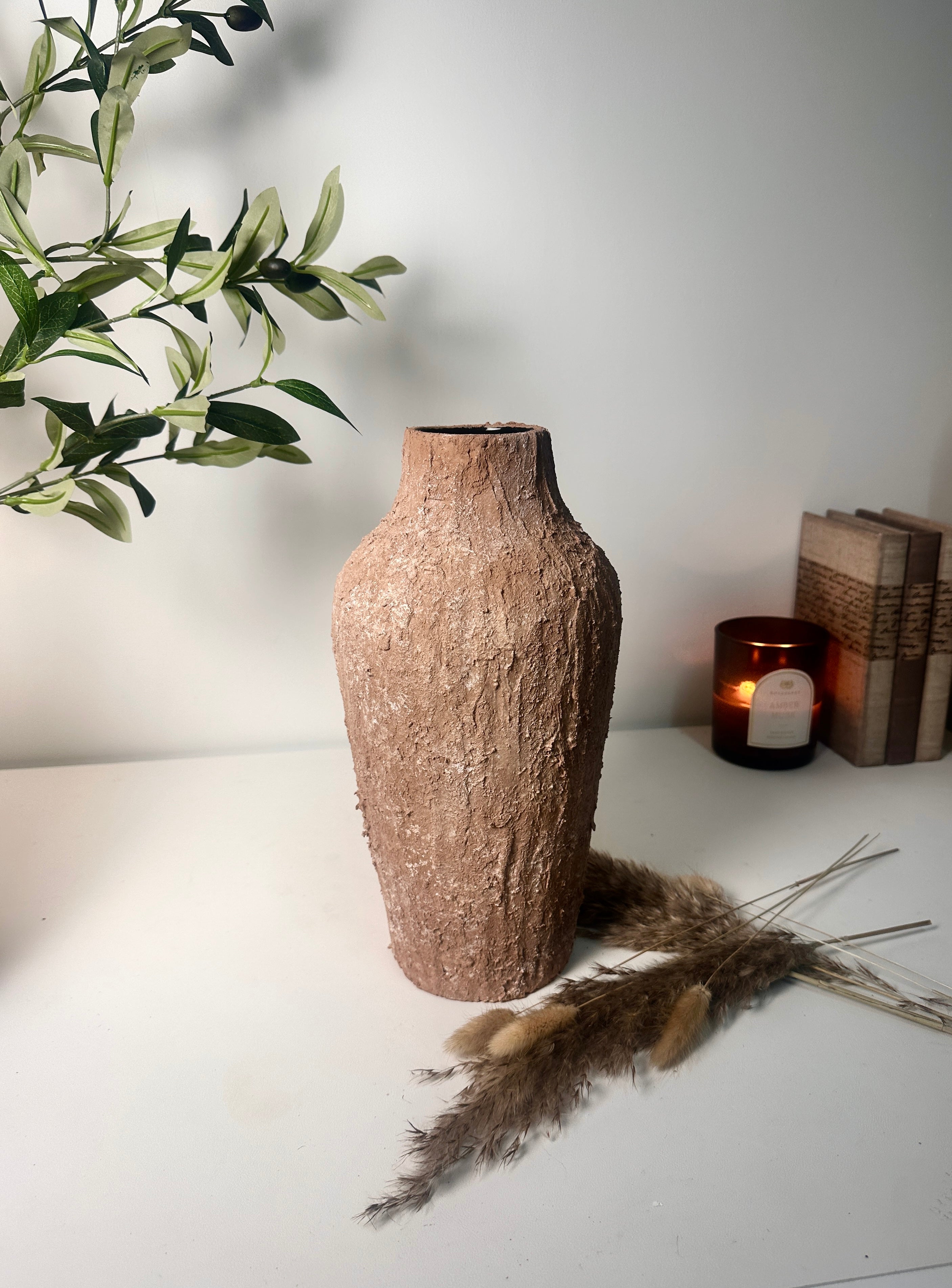 Rustic Textured Hand-Painted Ceramic Vase 13" tall - Terracotta Brown