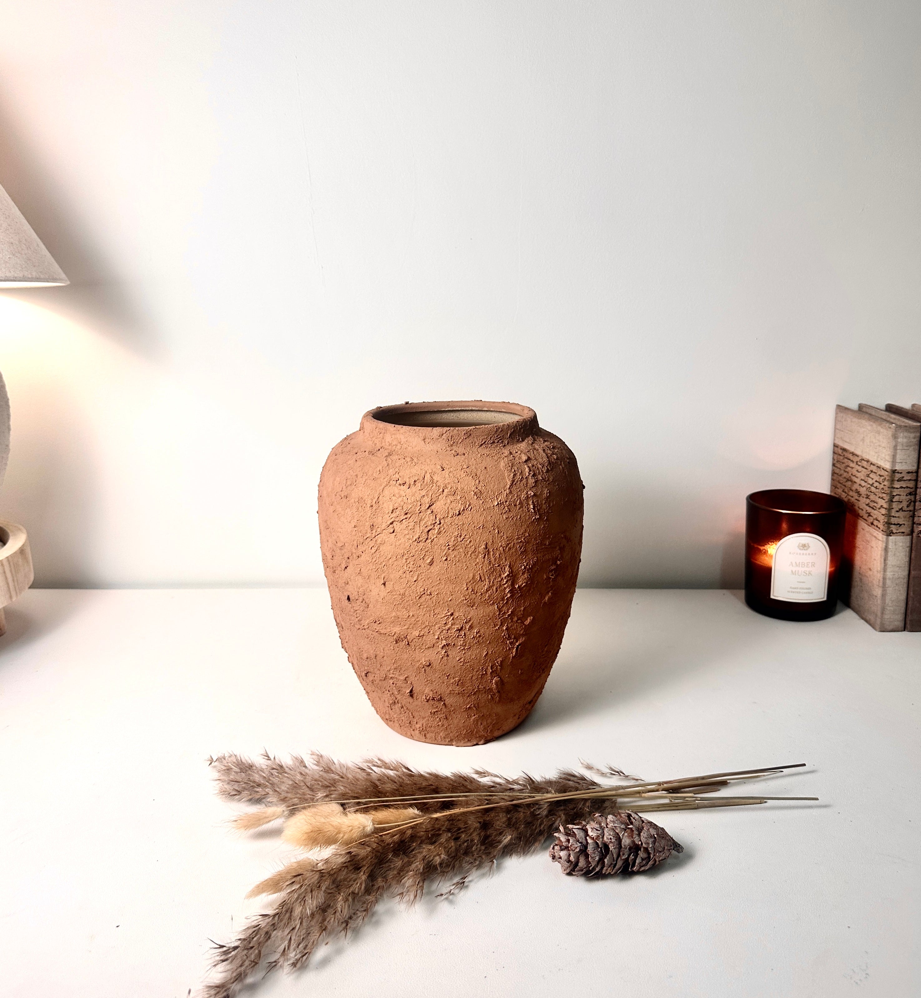 Rustic Ceramic Rounded Vase Textured Handcrafted 10" tall - Terracotta Brown