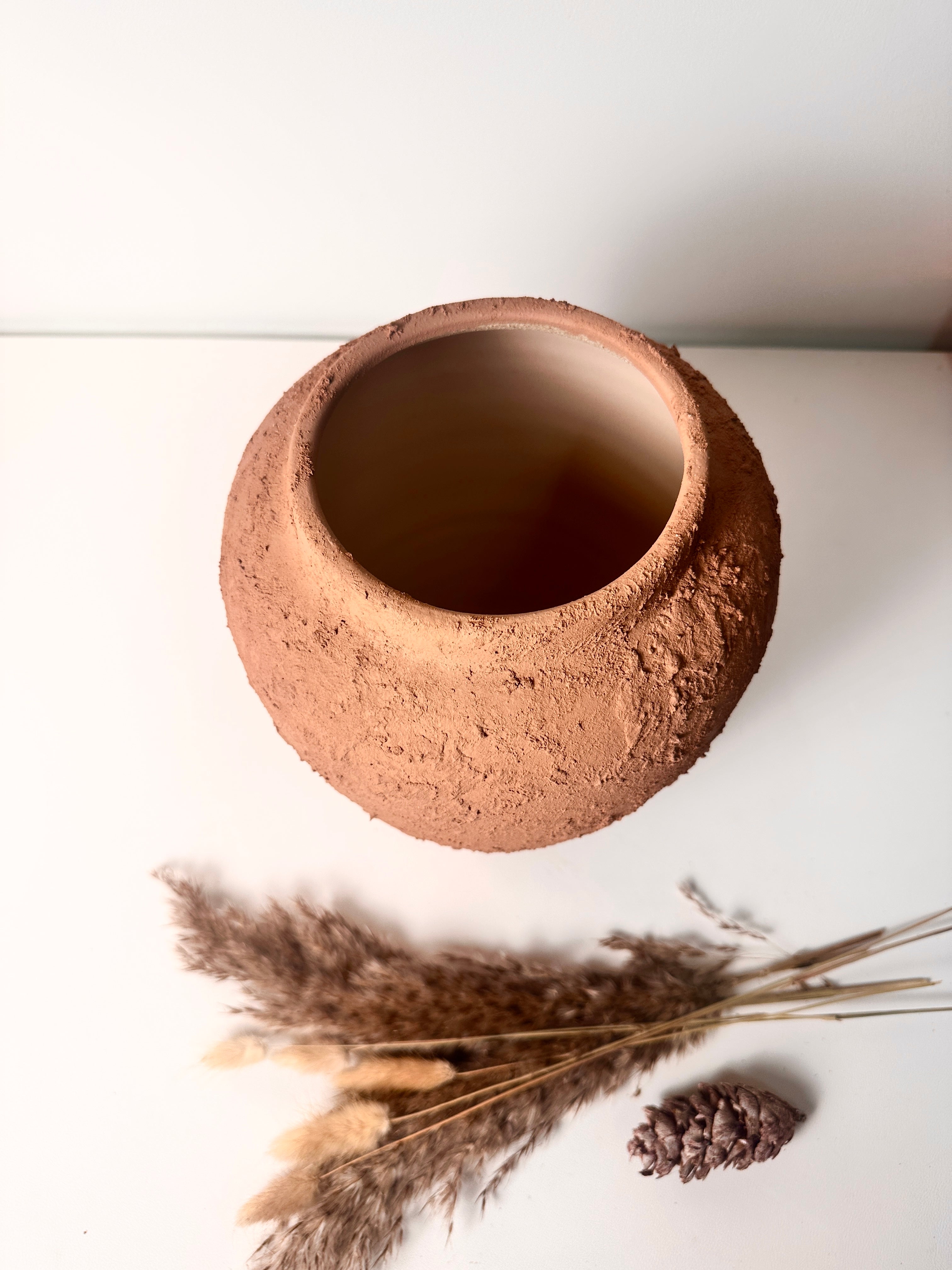 Rustic Ceramic Rounded Vase Textured Handcrafted 10" tall - Terracotta Brown