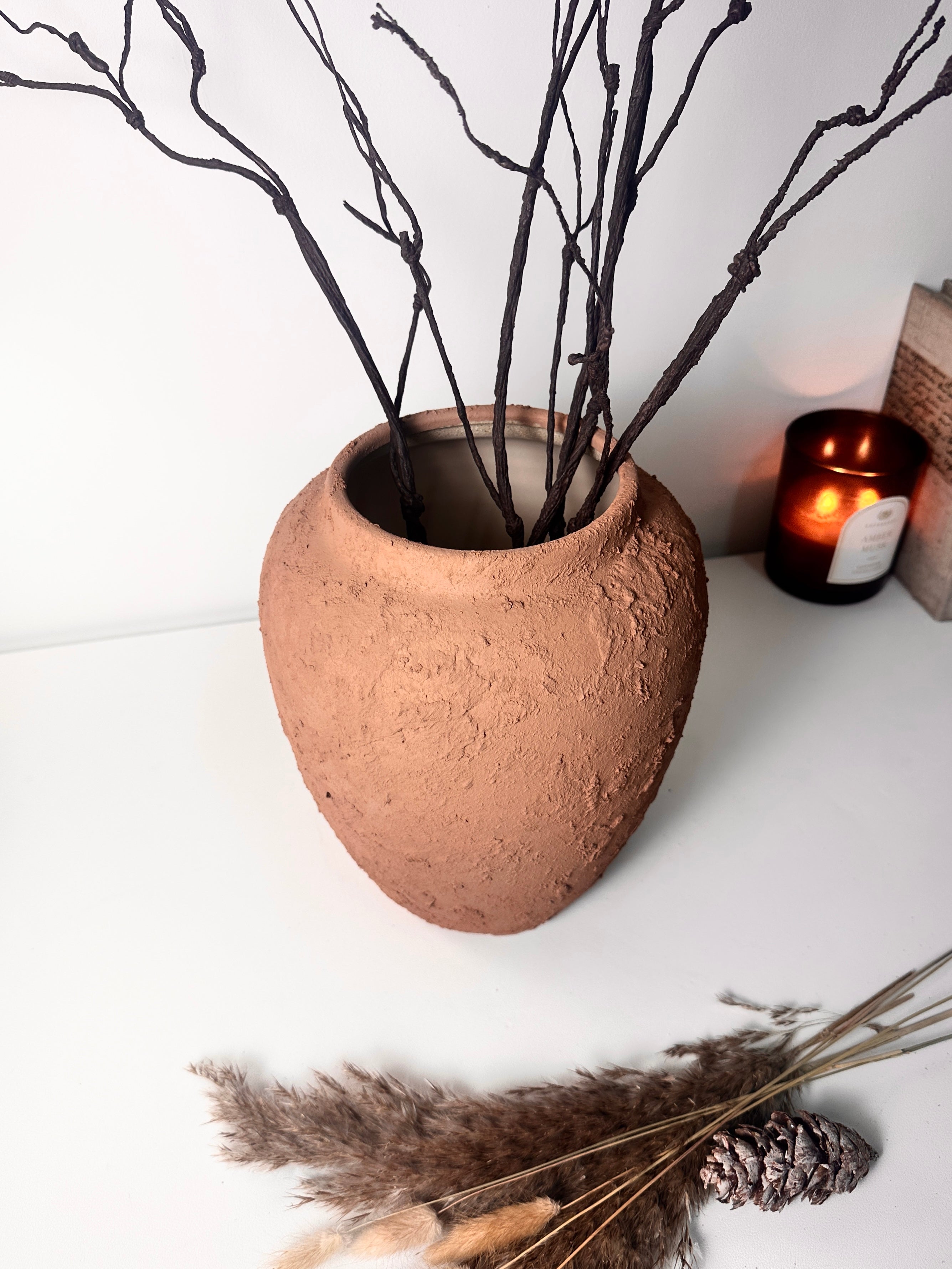 Rustic Ceramic Rounded Vase Textured Handcrafted 10" tall - Terracotta Brown
