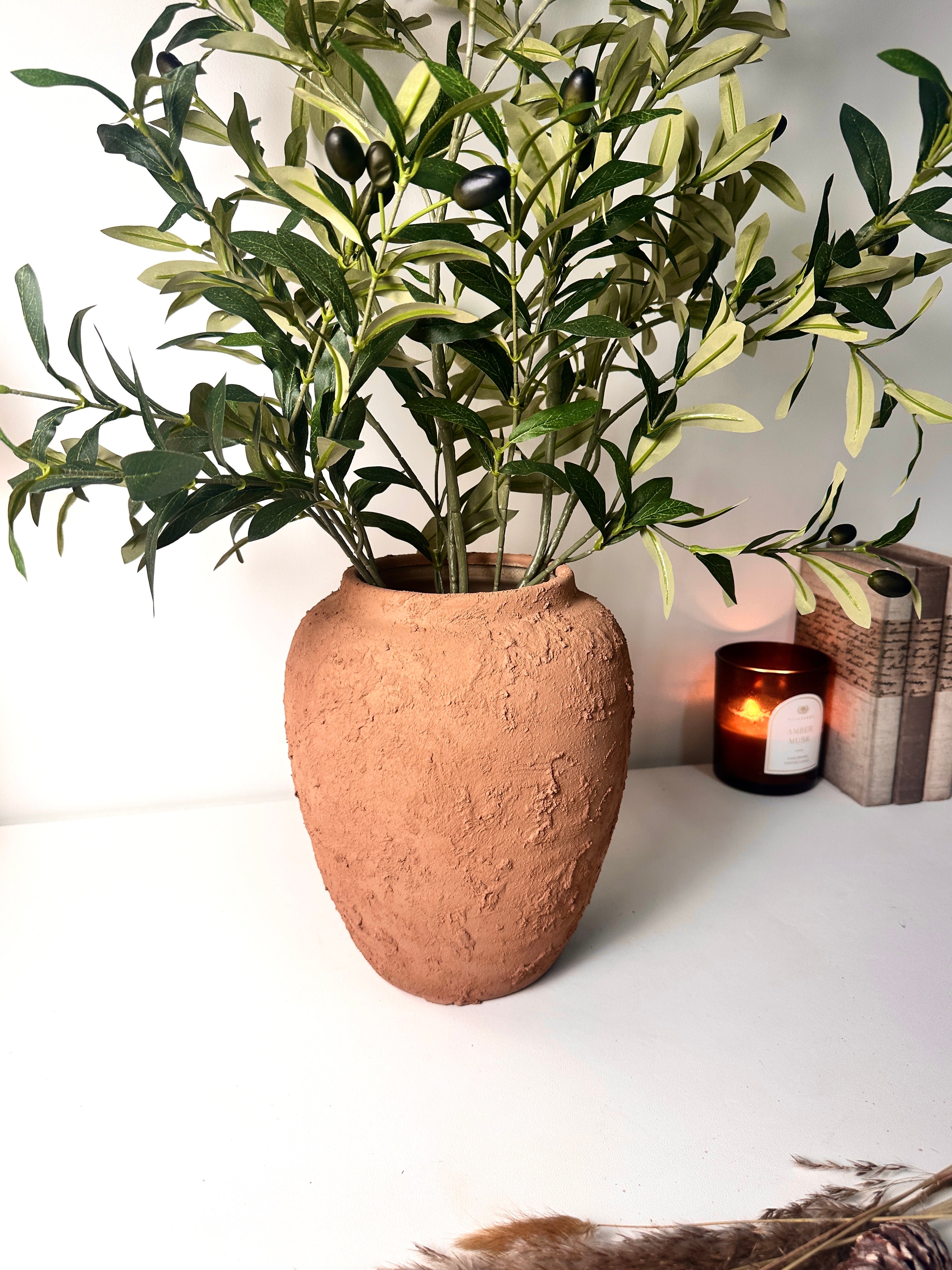 Rustic Ceramic Rounded Vase Textured Handcrafted 10" tall - Terracotta Brown