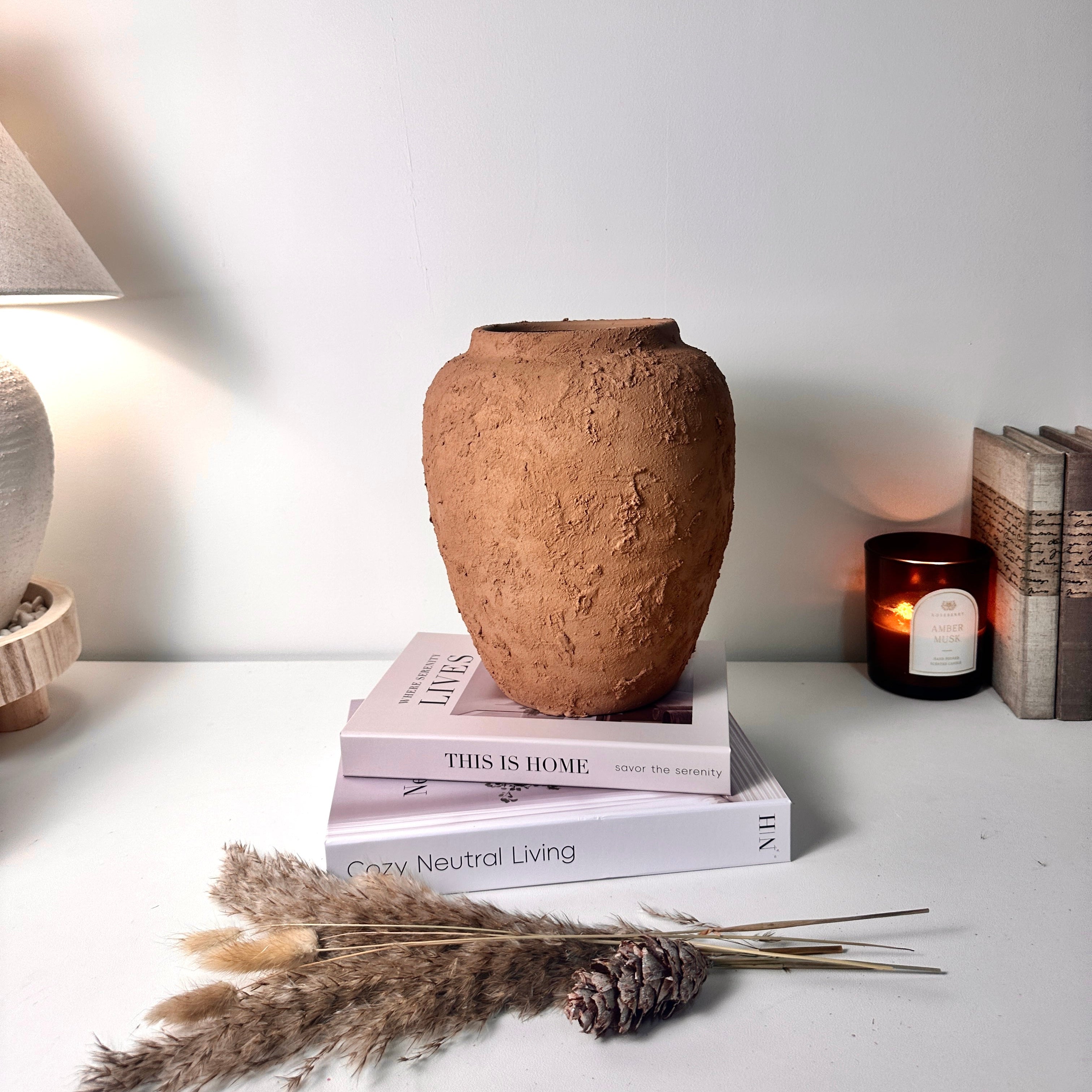Rustic Ceramic Rounded Vase Textured Handcrafted 10" tall - Terracotta Brown