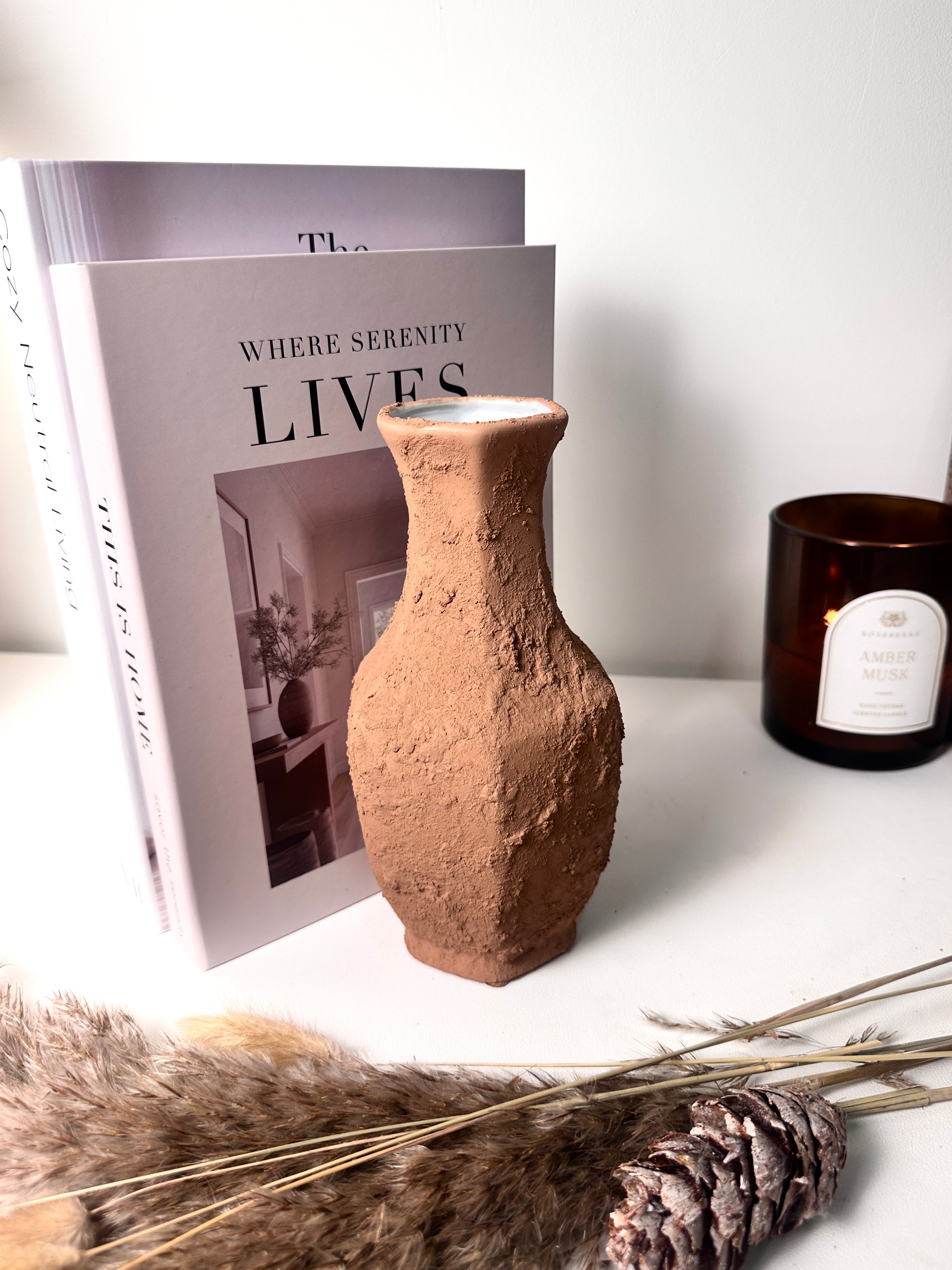 Rustic Ceramic Small Vase Textured Handcrafted 8" tall - Terracotta Brown