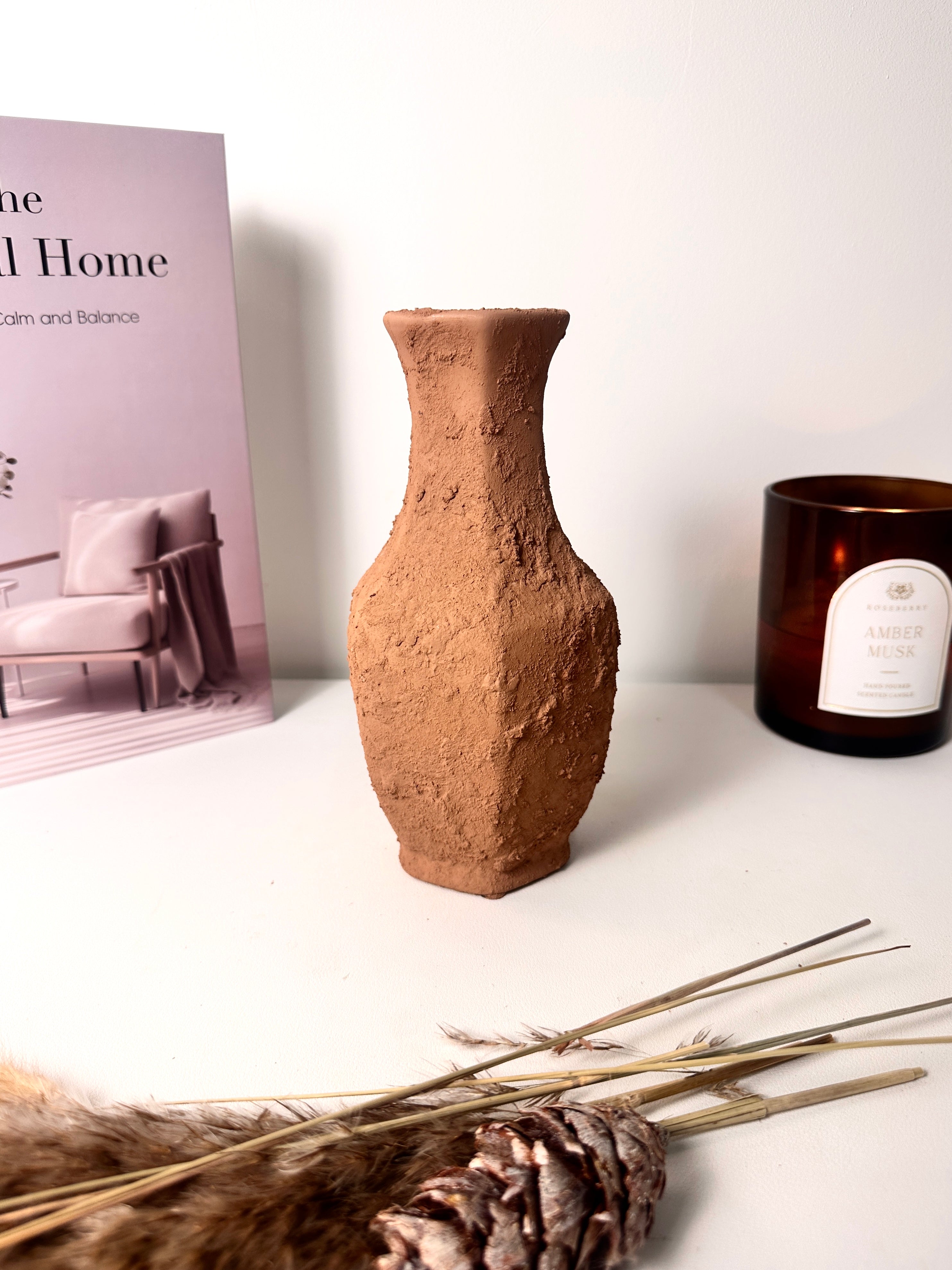 Rustic Ceramic Small Vase Textured Handcrafted 8" tall - Terracotta Brown