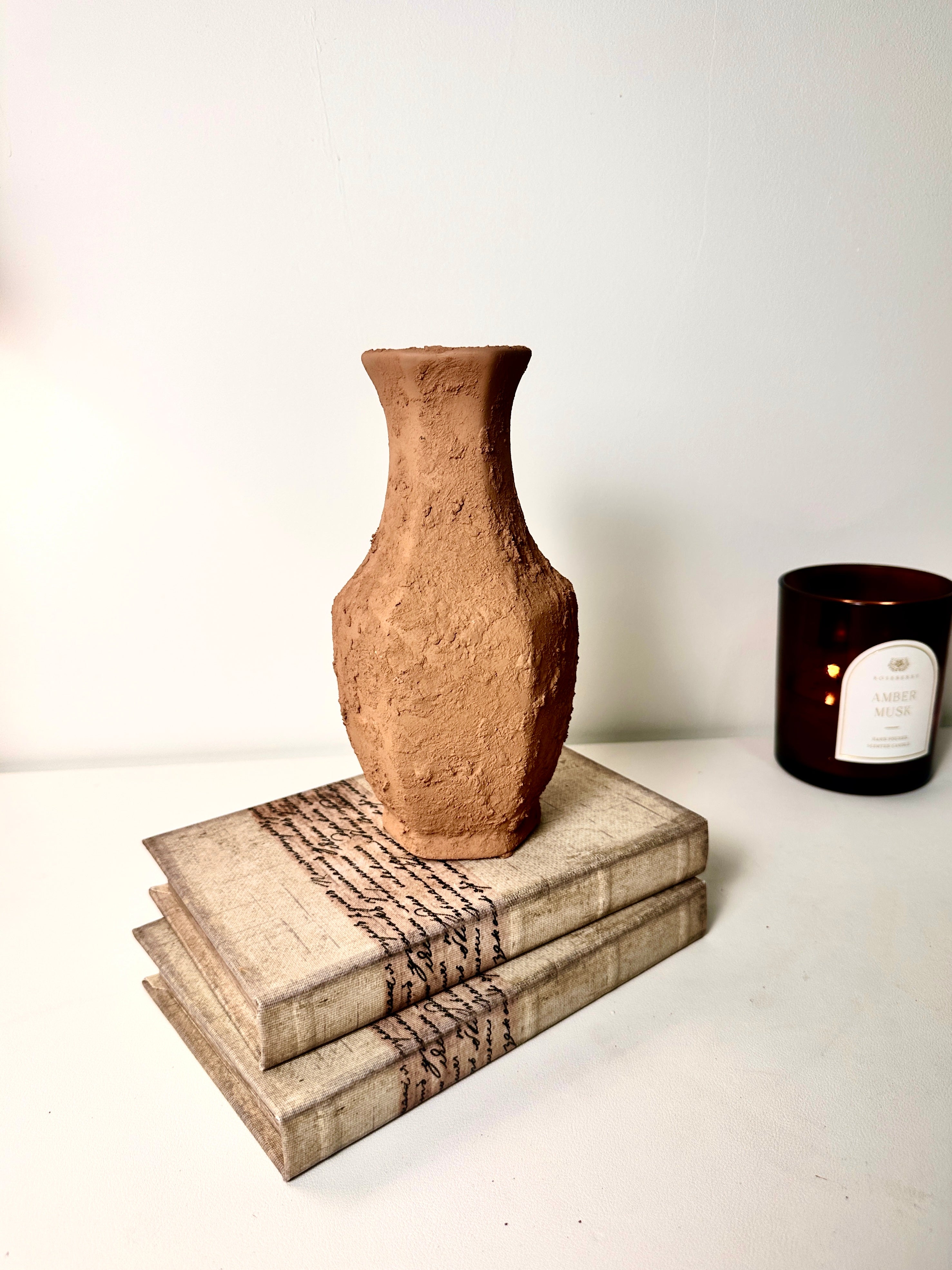 Rustic Ceramic Small Vase Textured Handcrafted 8" tall - Terracotta Brown