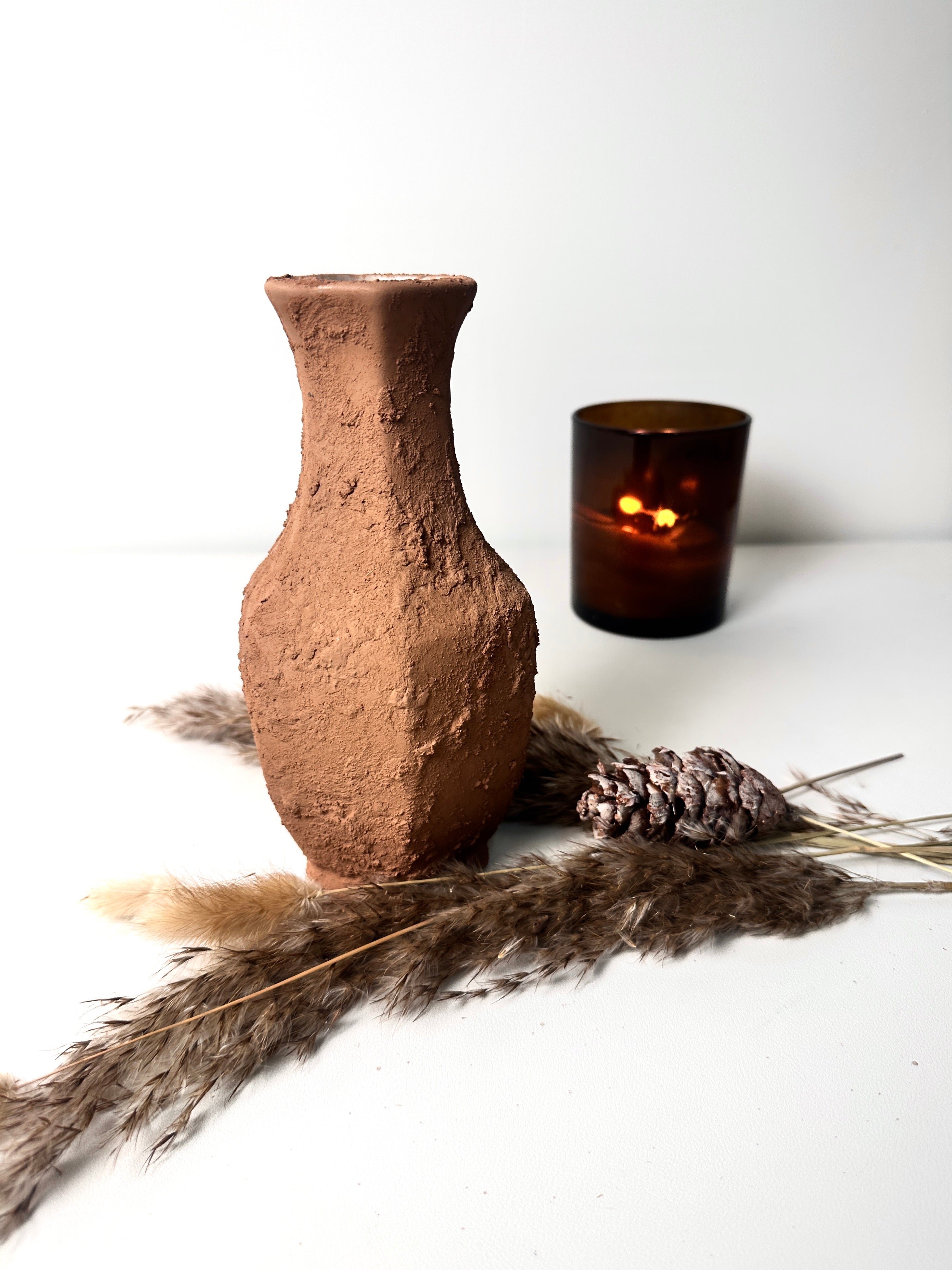 Rustic Ceramic Small Vase Textured Handcrafted 8" tall - Terracotta Brown