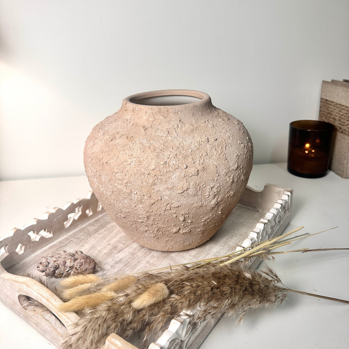 Rustic Ceramic Rounded Vase Textured Handcrafted 10" tall - Light Beige Wash
