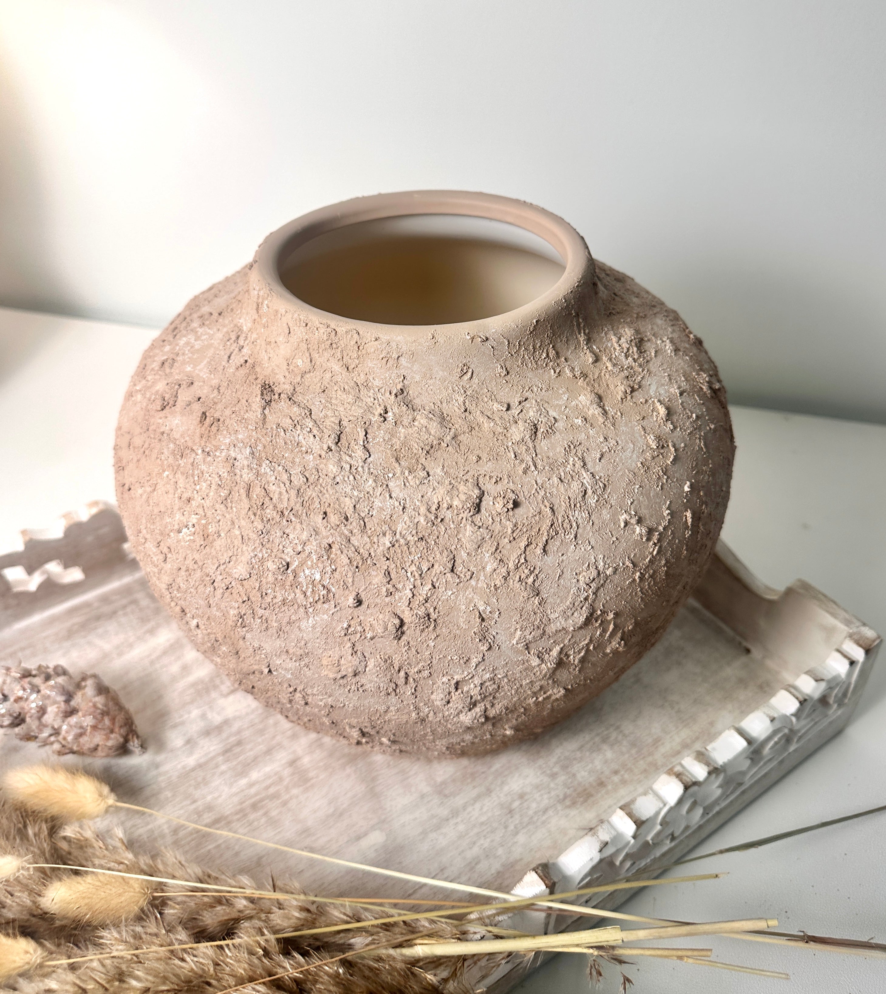 Rustic Ceramic Rounded Vase Textured Handcrafted 10" tall - Light Beige Wash