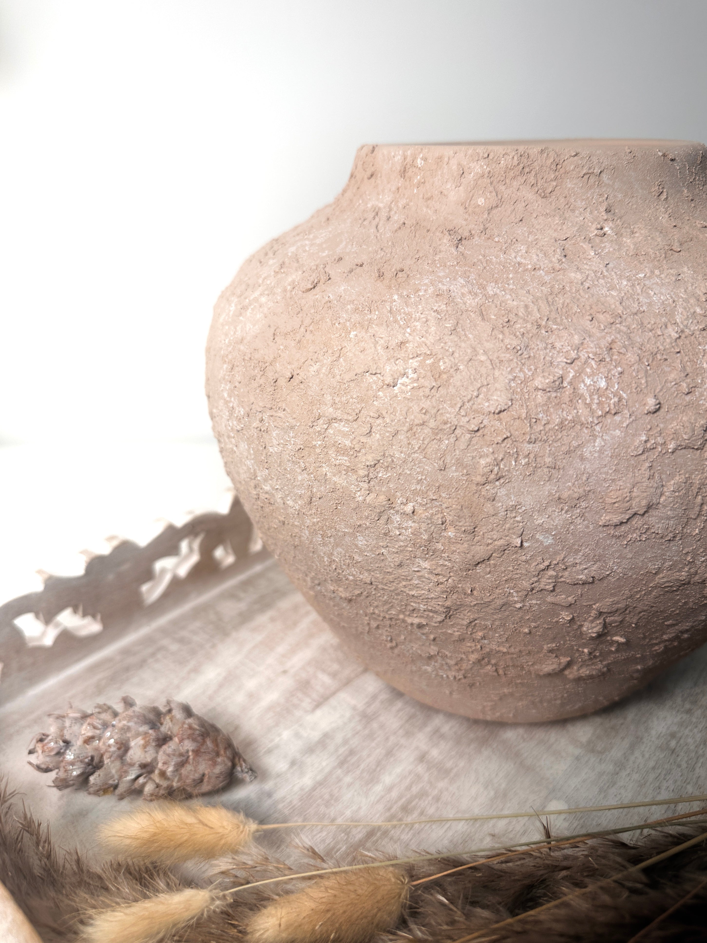 Rustic Ceramic Rounded Vase Textured Handcrafted 10" tall - Light Beige Wash