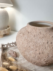 Rustic Ceramic Rounded Vase Textured Handcrafted 10" tall - Light Beige Wash