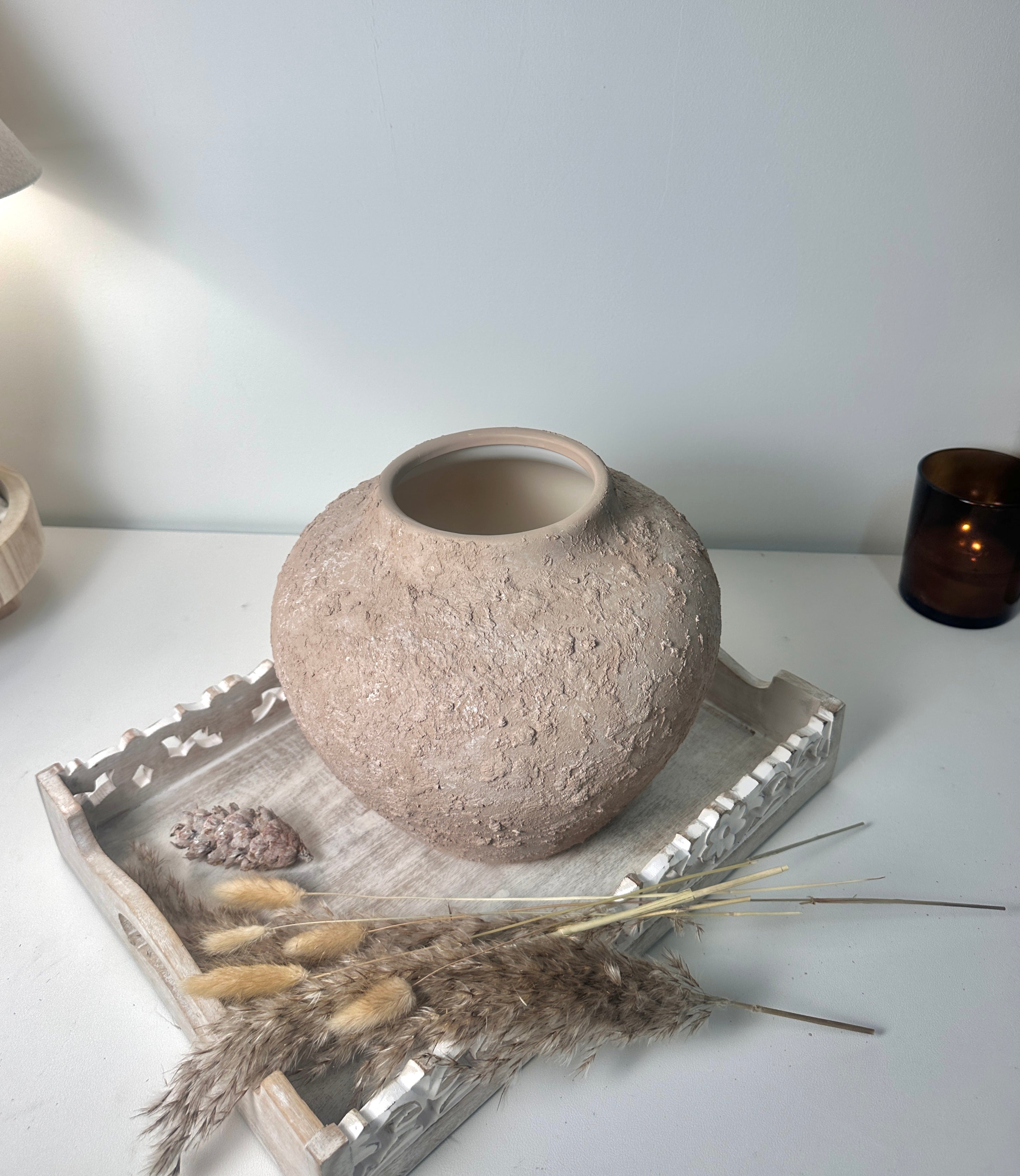Rustic Ceramic Rounded Vase Textured Handcrafted 10" tall - Light Beige Wash