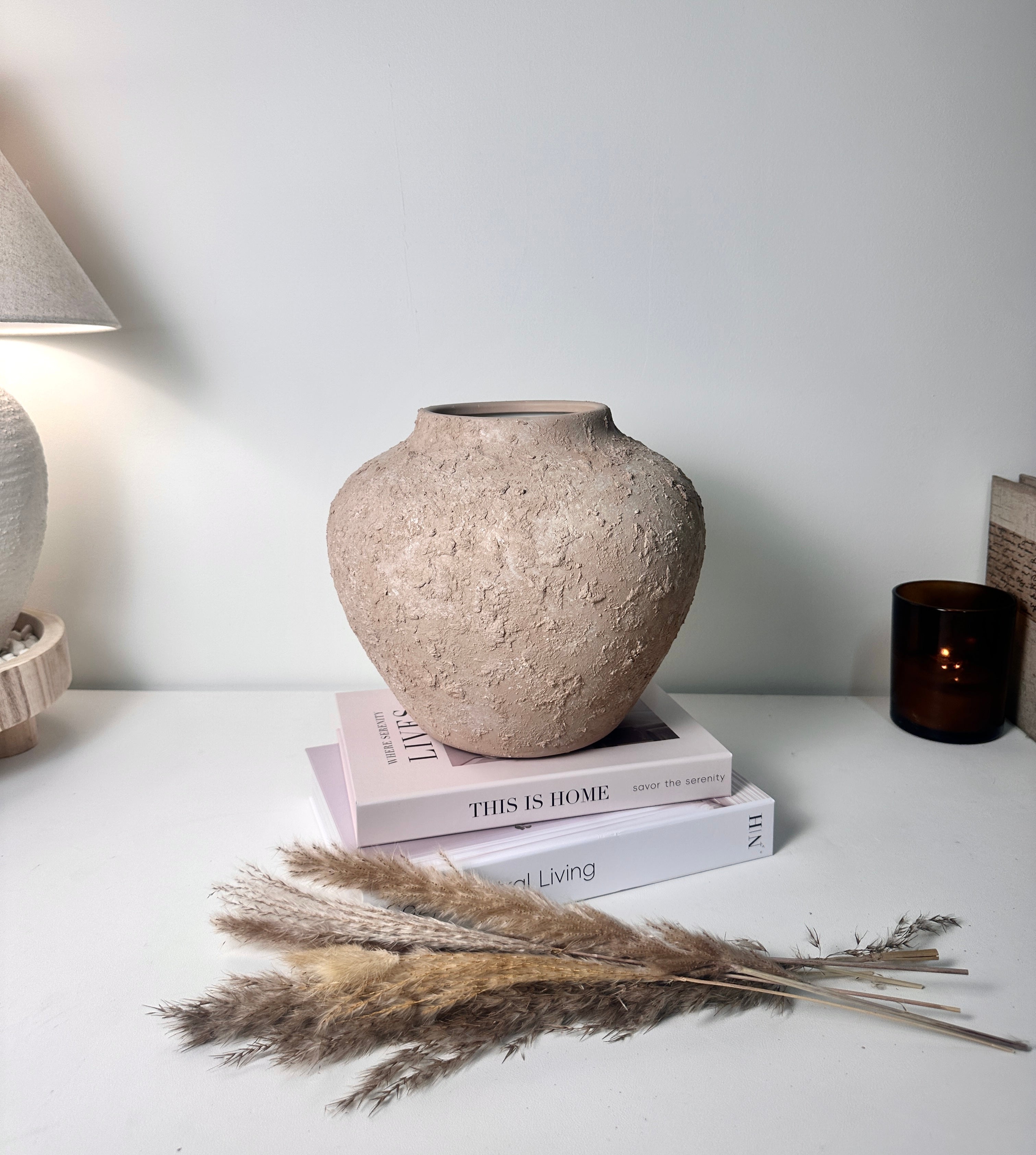 Rustic Ceramic Rounded Vase Textured Handcrafted 10" tall - Light Beige Wash