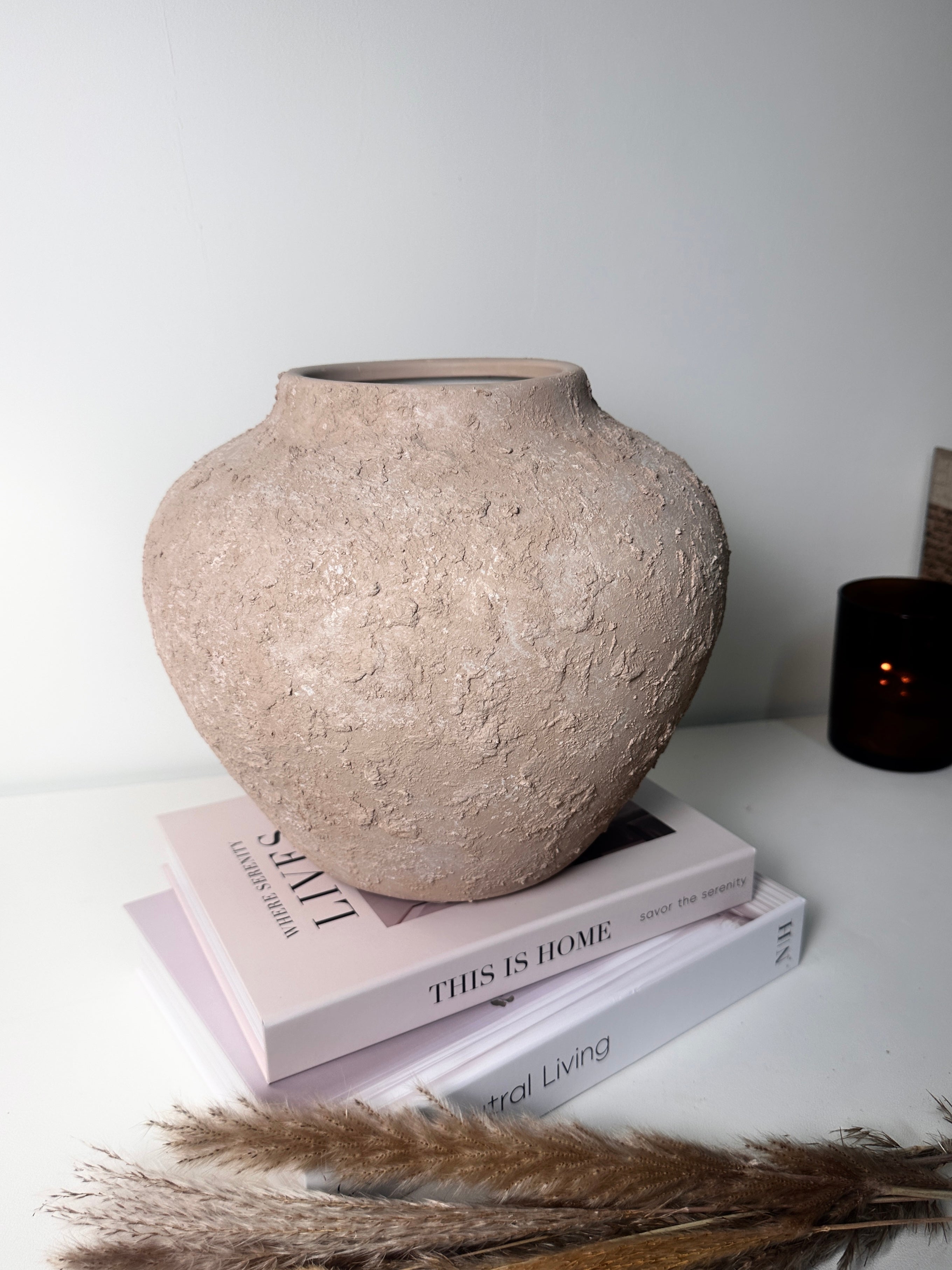 Rustic Ceramic Rounded Vase Textured Handcrafted 10" tall - Light Beige Wash