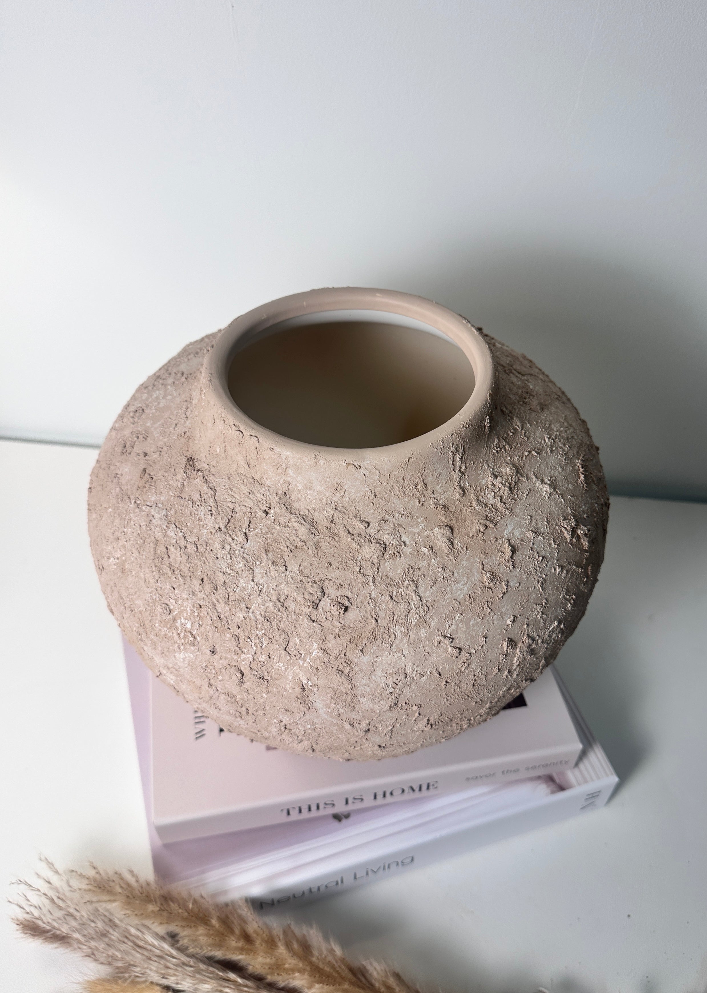 Rustic Ceramic Rounded Vase Textured Handcrafted 10" tall - Light Beige Wash
