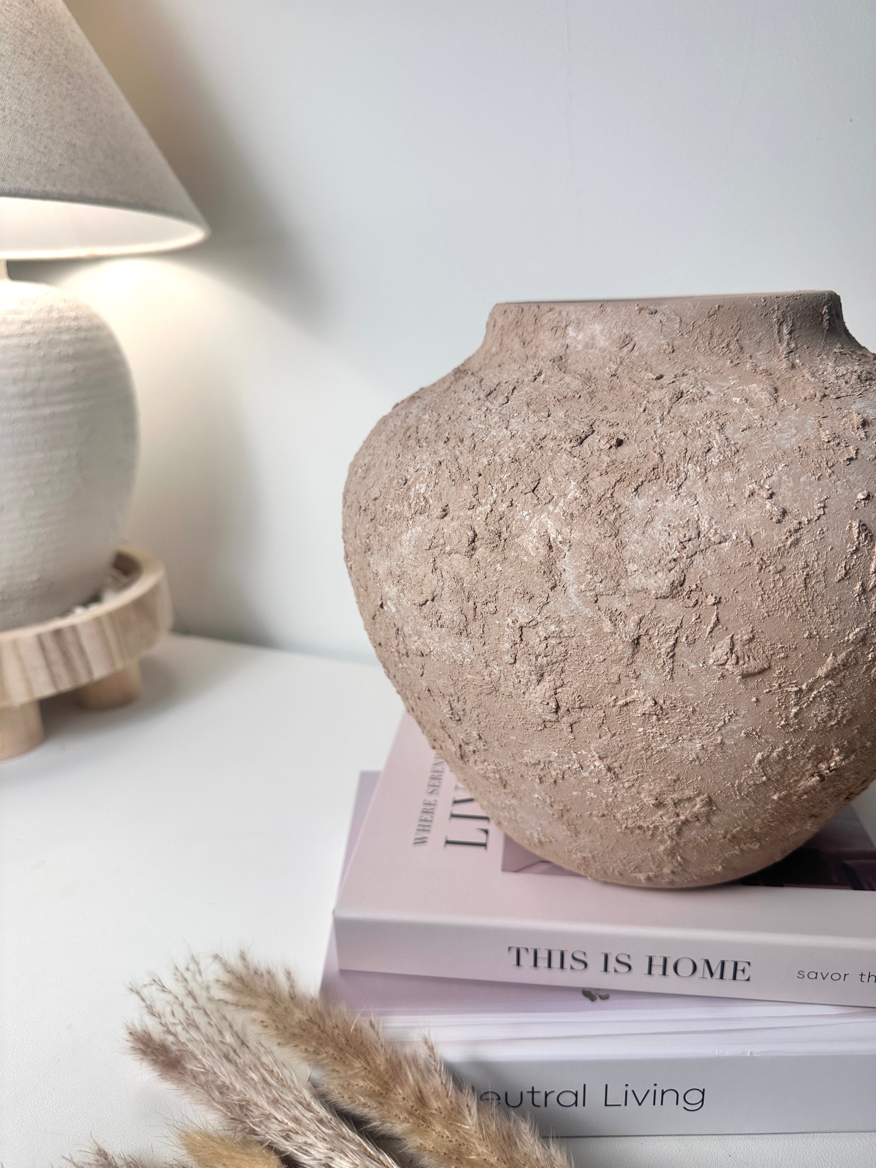 Rustic Ceramic Rounded Vase Textured Handcrafted 10" tall - Light Beige Wash