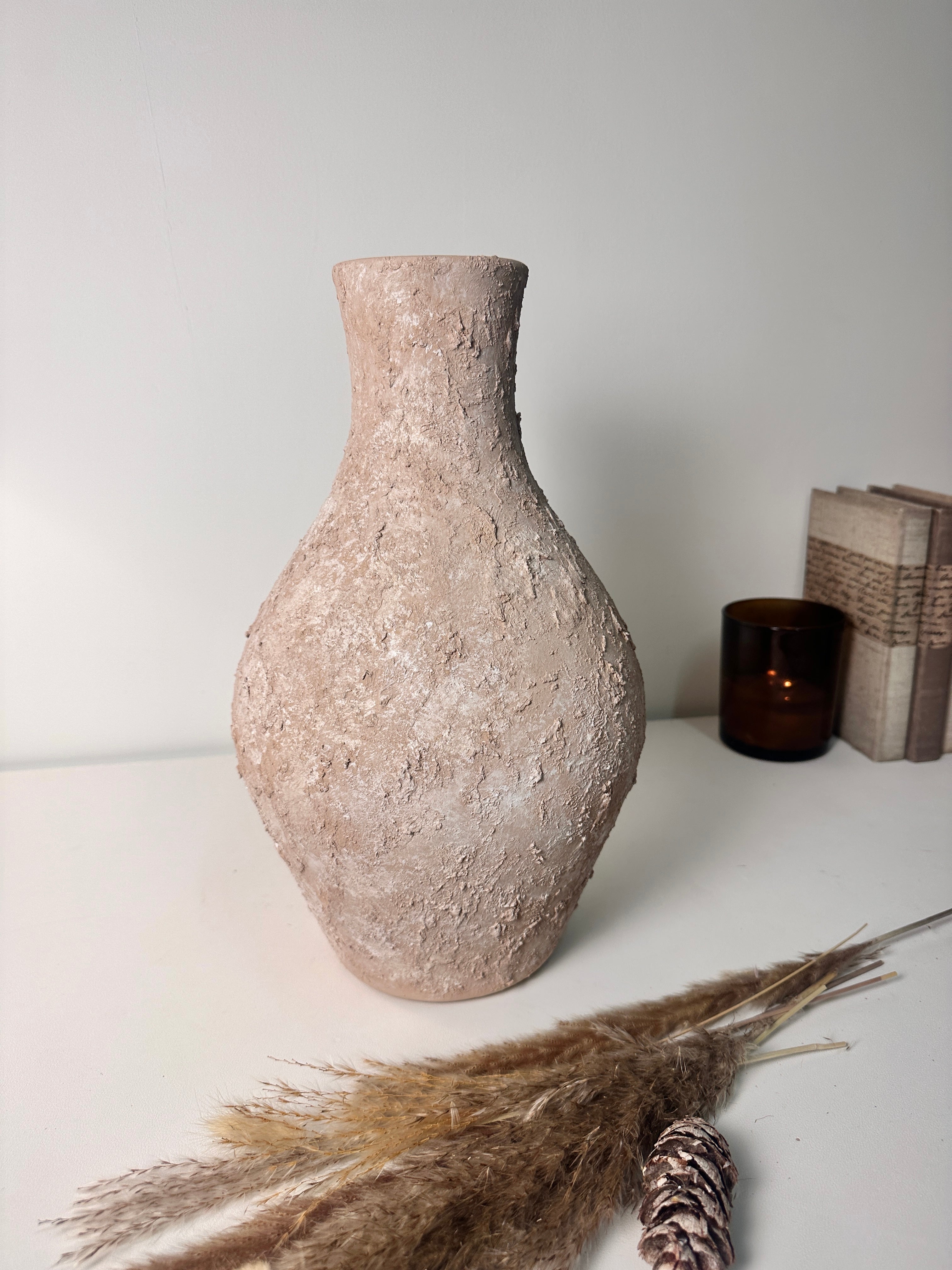 Rustic Ceramic Jar Vase Textured Handcrafted 14.5" tall - Light Beige Wash