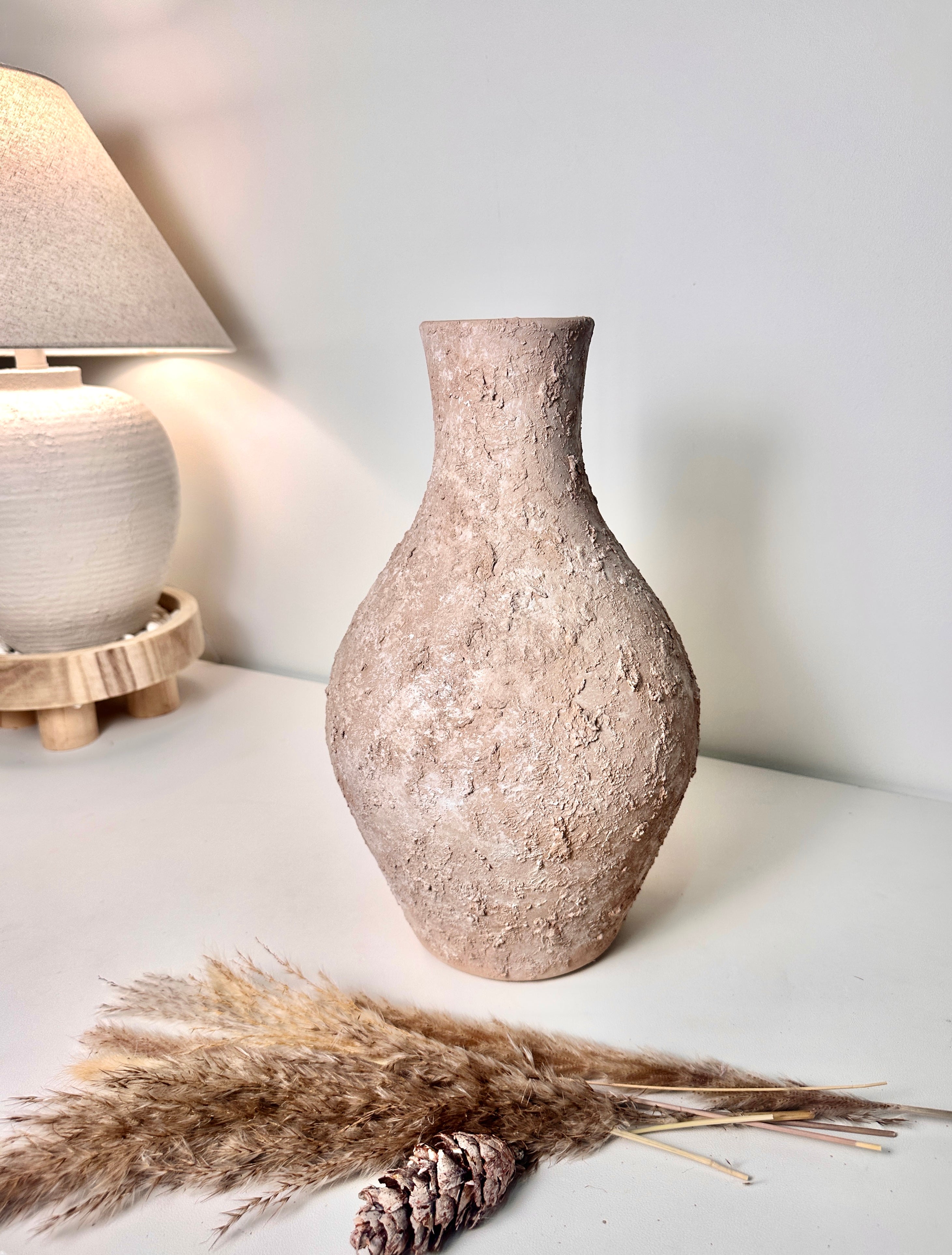 Rustic Ceramic Jar Vase Textured Handcrafted 14.5" tall - Light Beige Wash