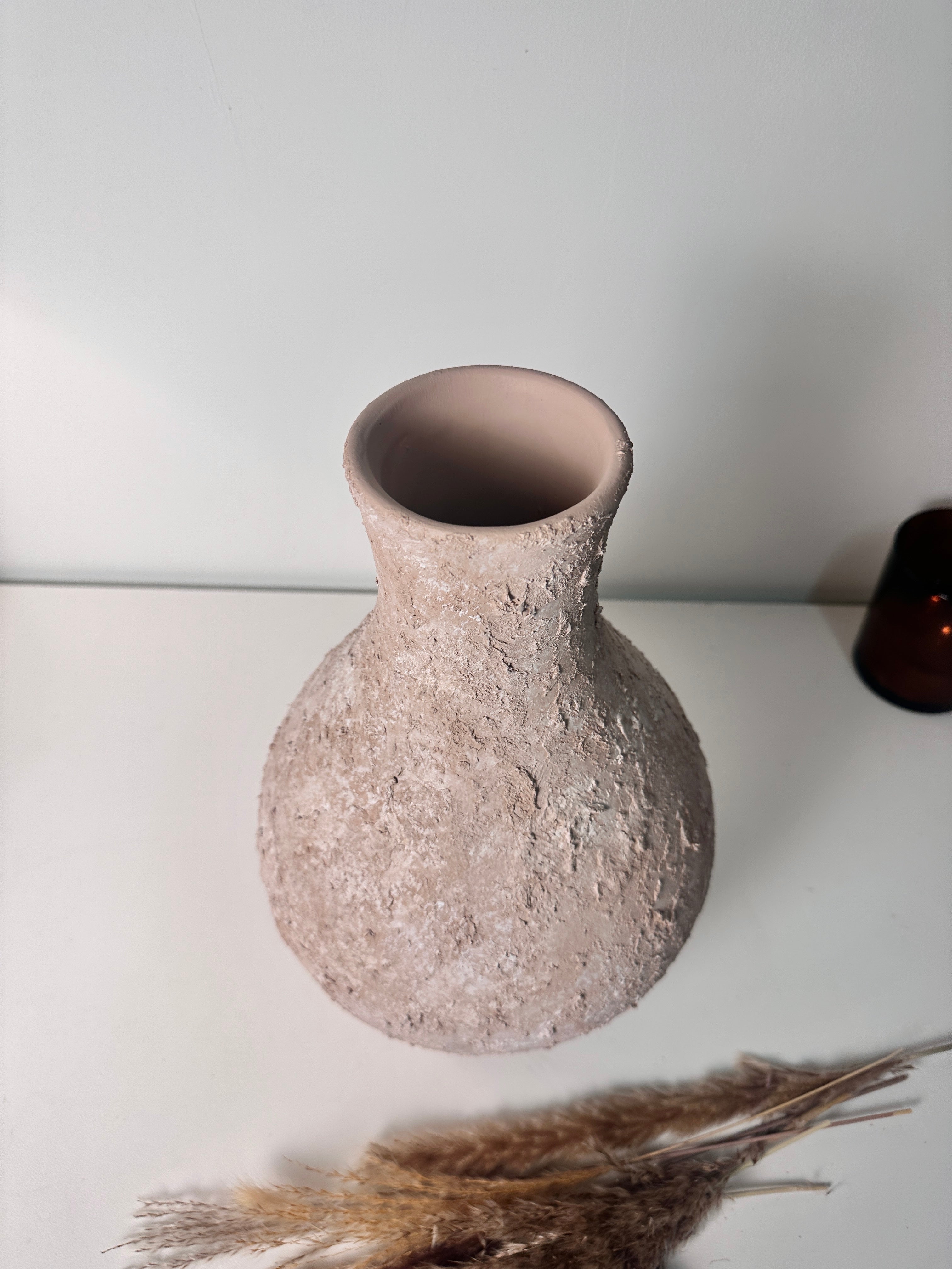 Rustic Ceramic Jar Vase Textured Handcrafted 14.5" tall - Light Beige Wash