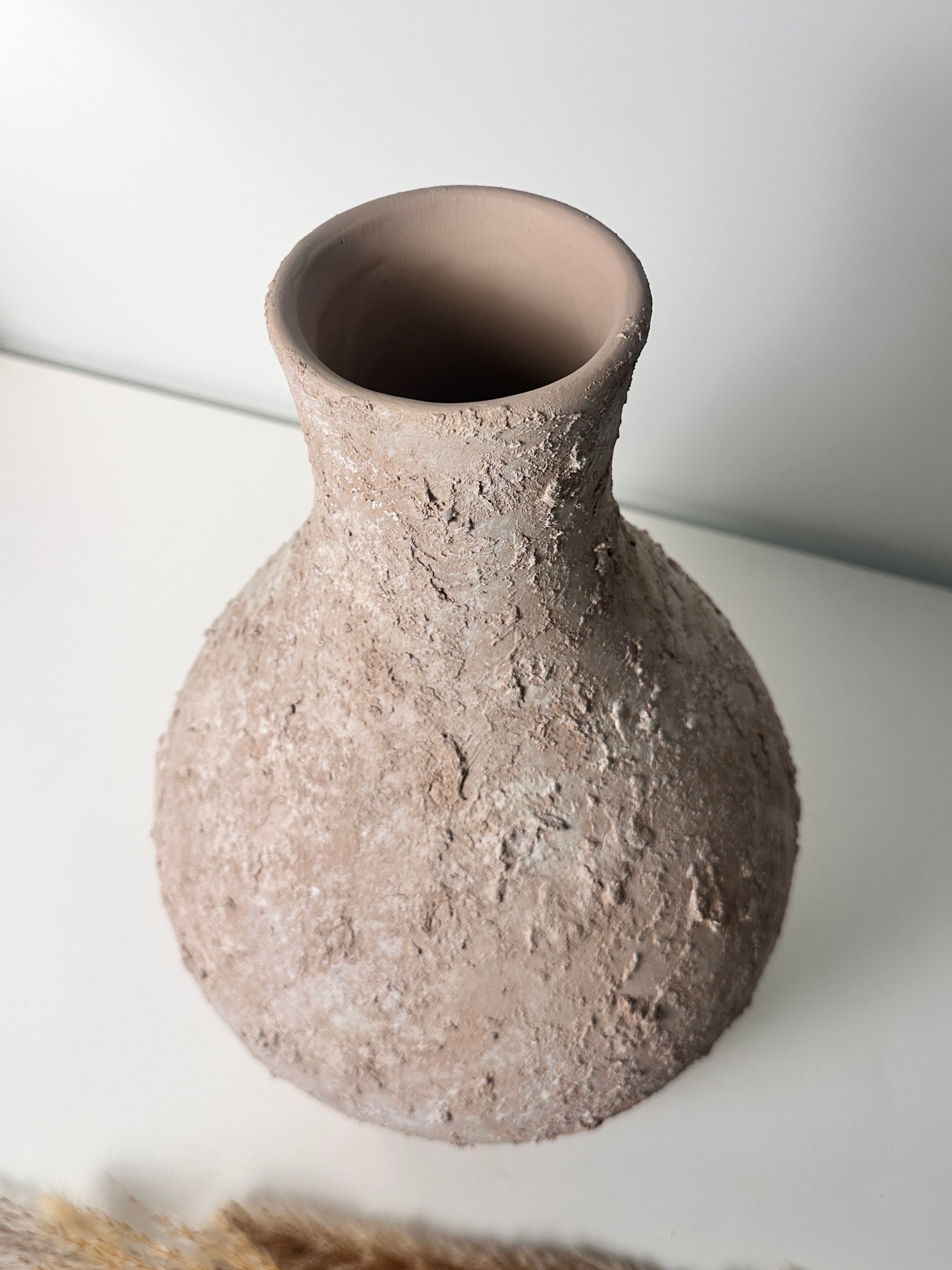 Rustic Ceramic Jar Vase Textured Handcrafted 14.5" tall - Light Beige Wash