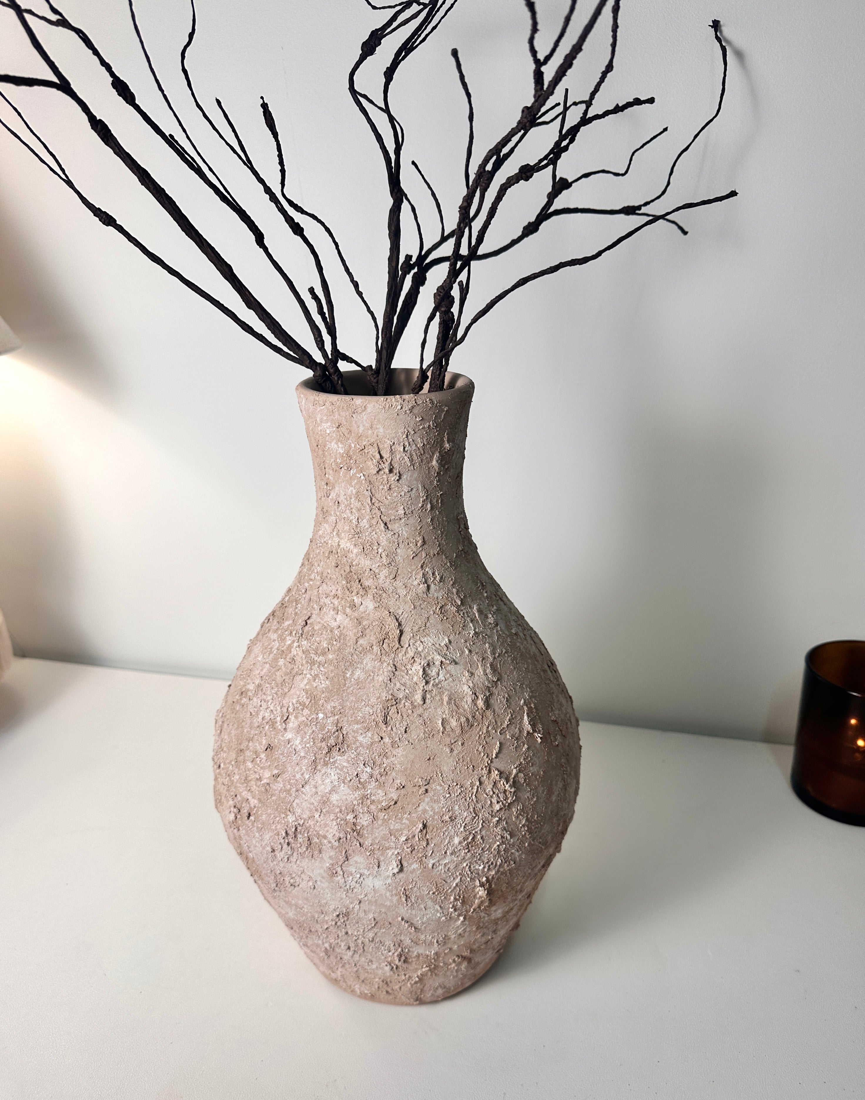 Rustic Ceramic Jar Vase Textured Handcrafted 14.5" tall - Light Beige Wash