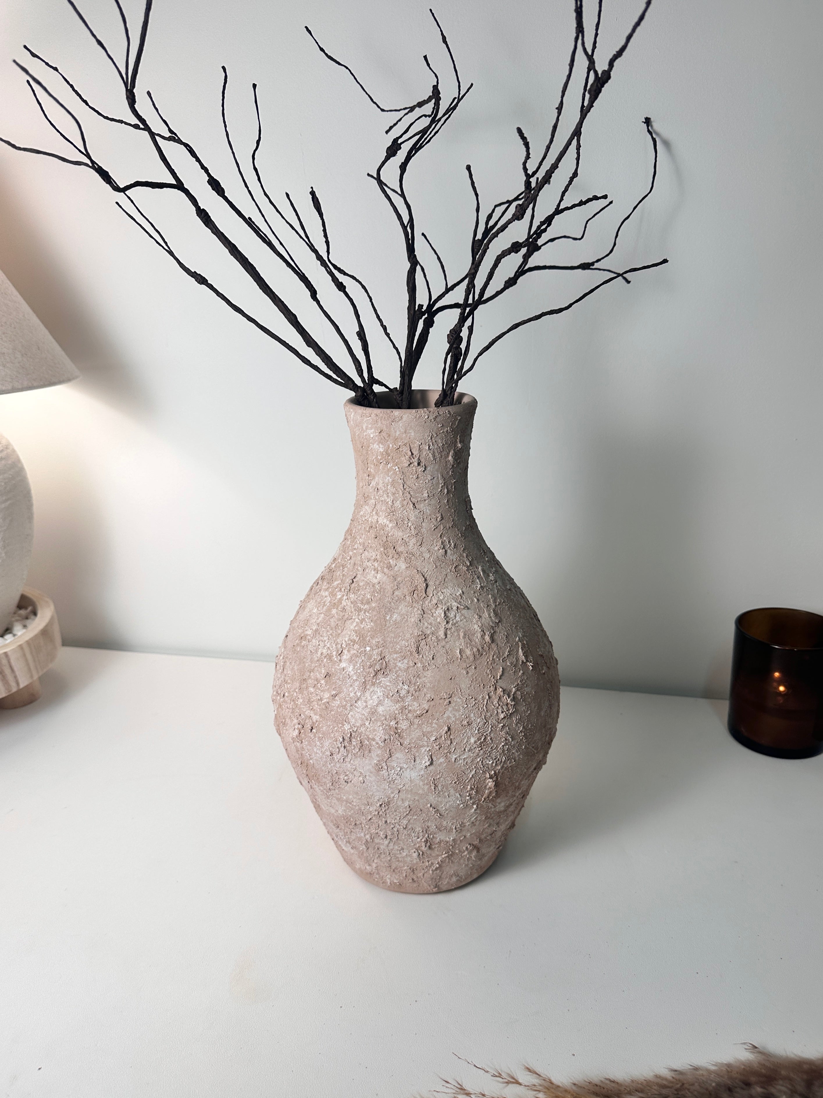 Rustic Ceramic Jar Vase Textured Handcrafted 14.5" tall - Light Beige Wash