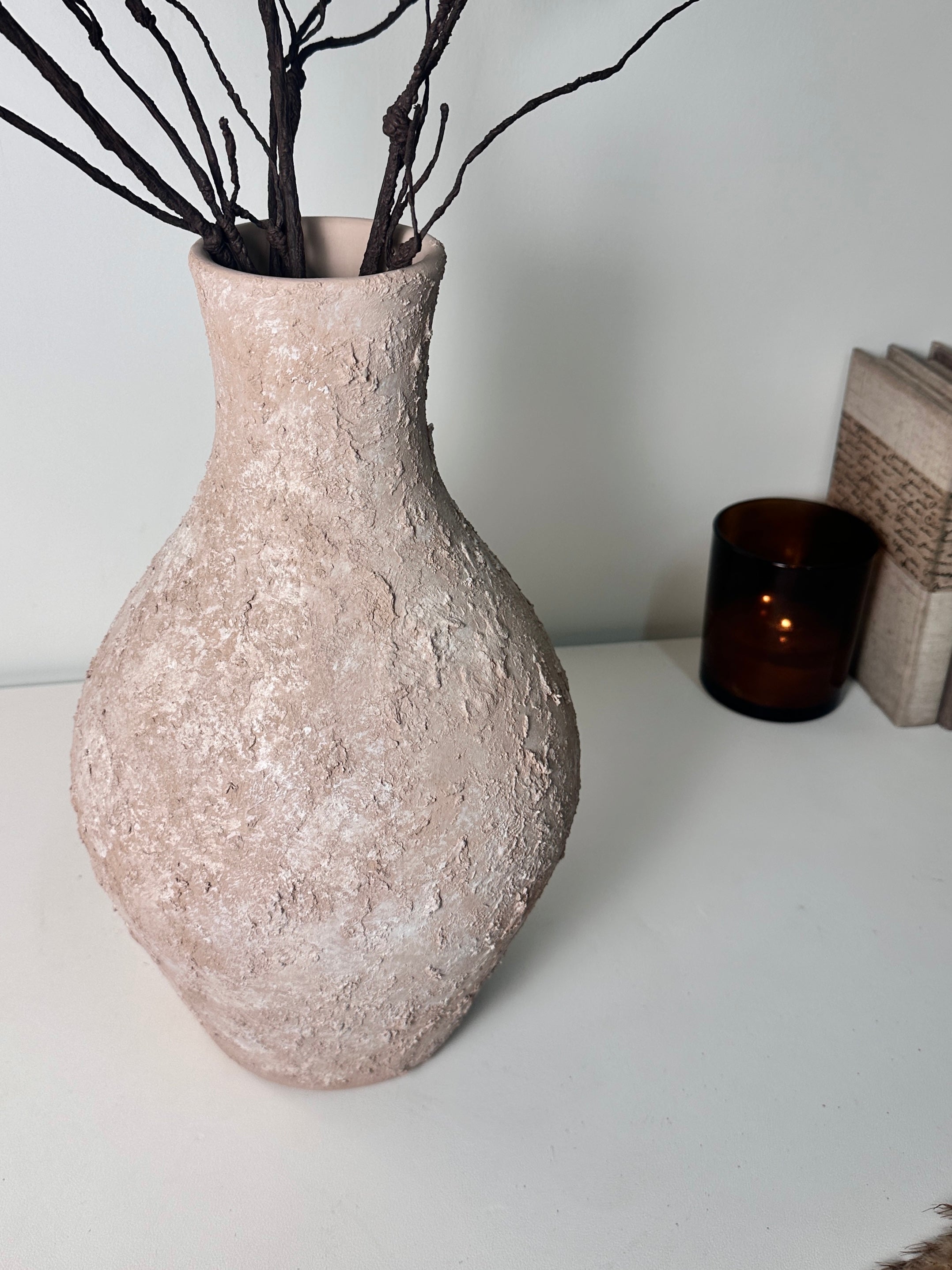 Rustic Ceramic Jar Vase Textured Handcrafted 14.5" tall - Light Beige Wash