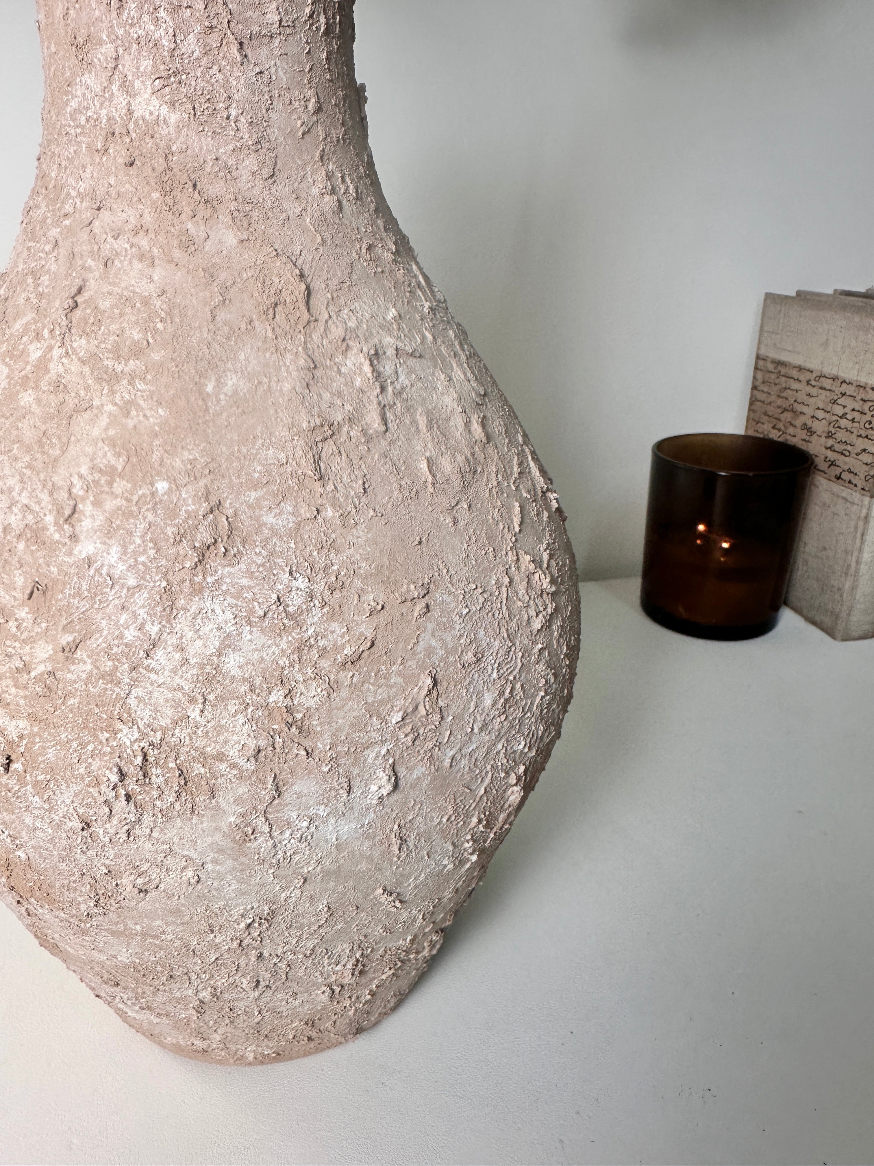 Rustic Ceramic Jar Vase Textured Handcrafted 14.5" tall - Light Beige Wash