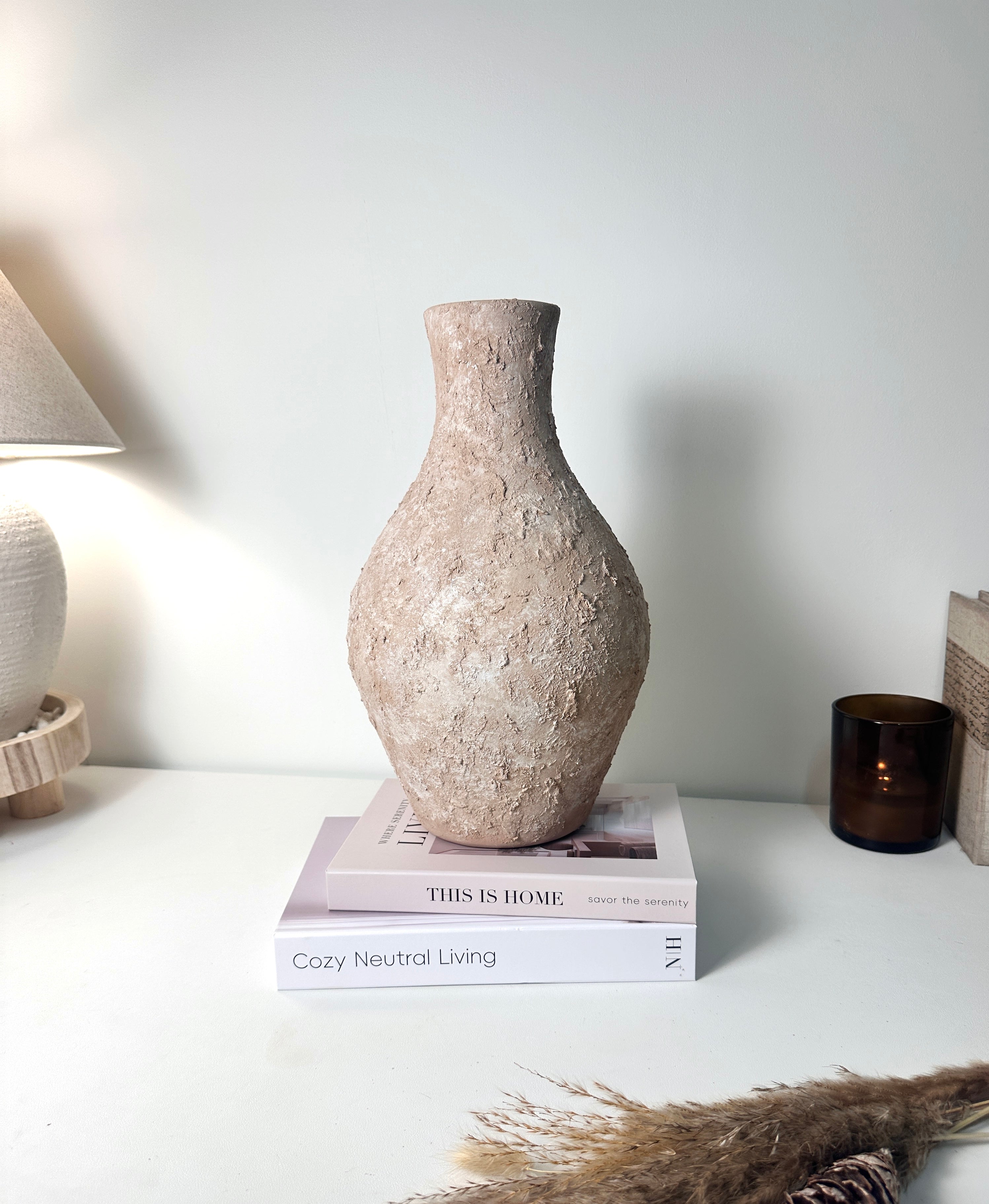 Rustic Ceramic Jar Vase Textured Handcrafted 14.5" tall - Light Beige Wash