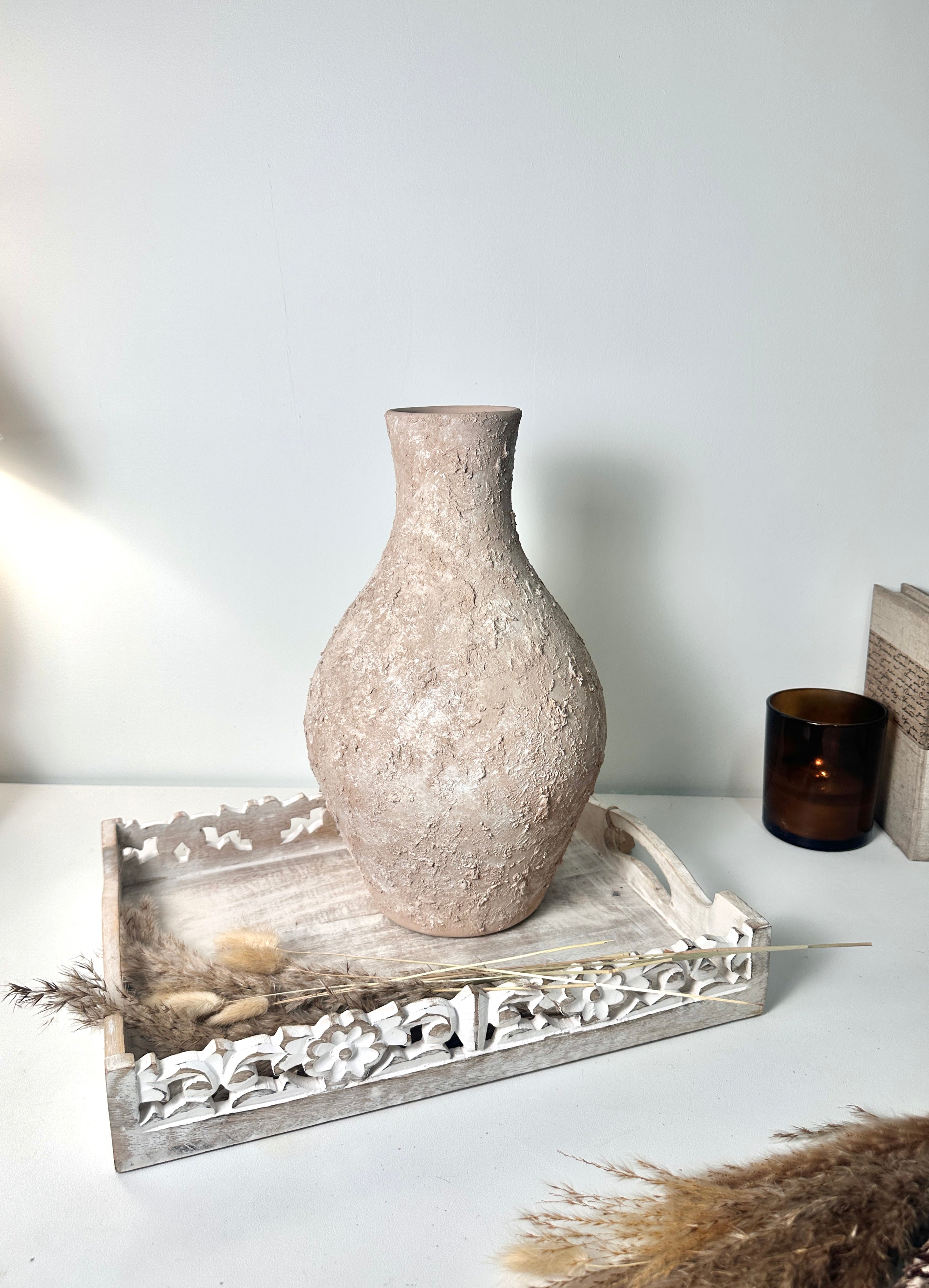 Rustic Ceramic Jar Vase Textured Handcrafted 14.5" tall - Light Beige Wash