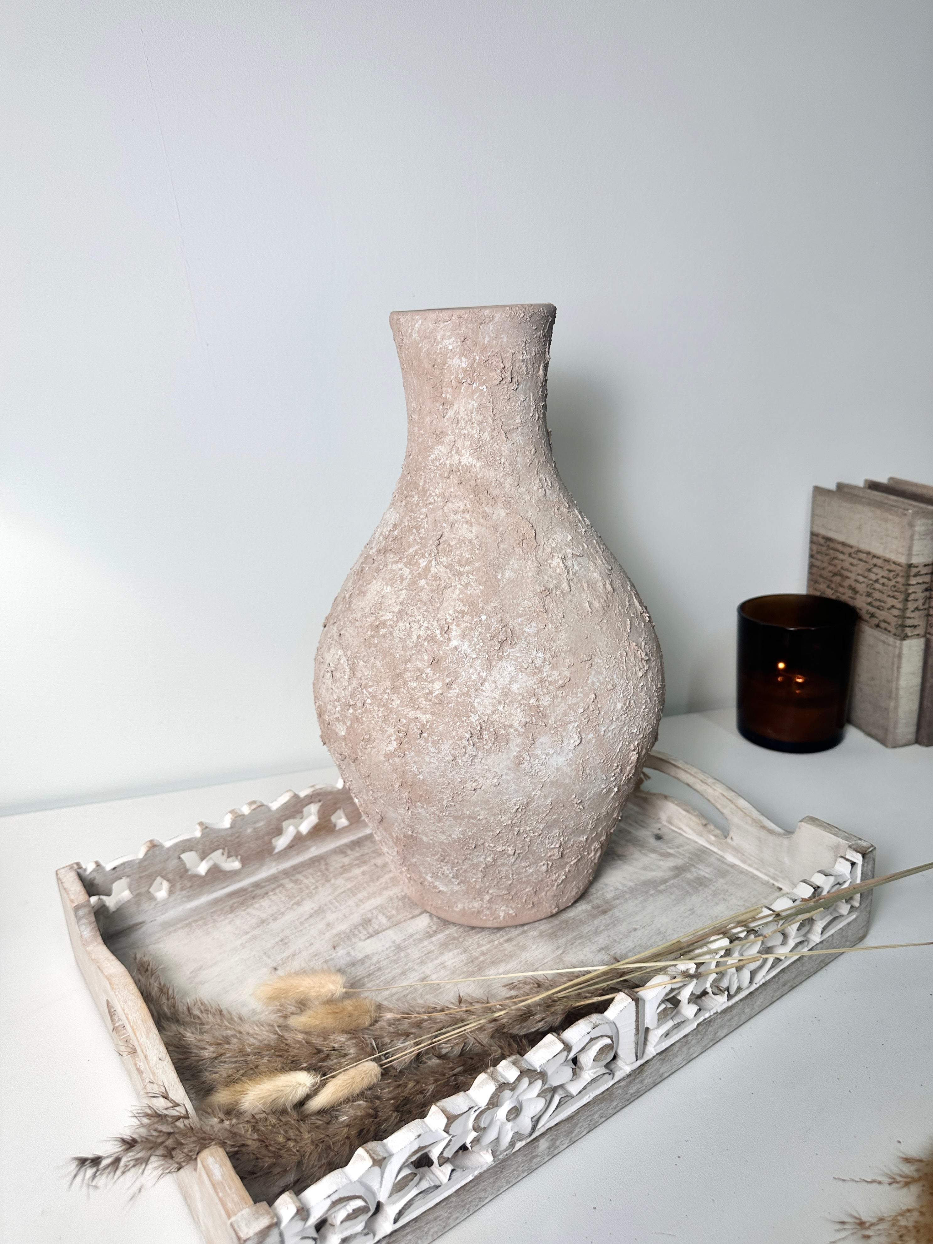 Rustic Ceramic Jar Vase Textured Handcrafted 14.5" tall - Light Beige Wash