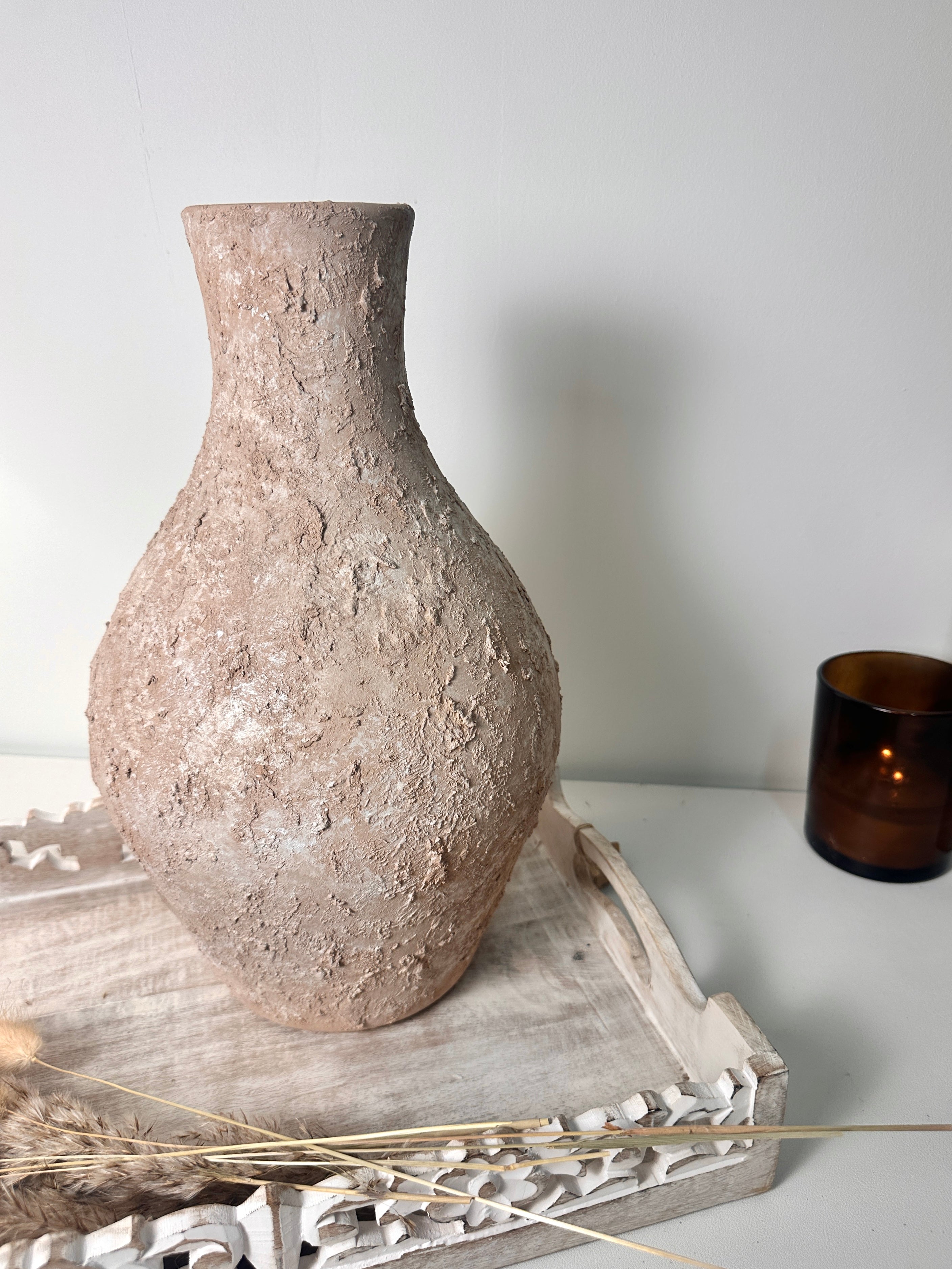 Rustic Ceramic Jar Vase Textured Handcrafted 14.5" tall - Light Beige Wash
