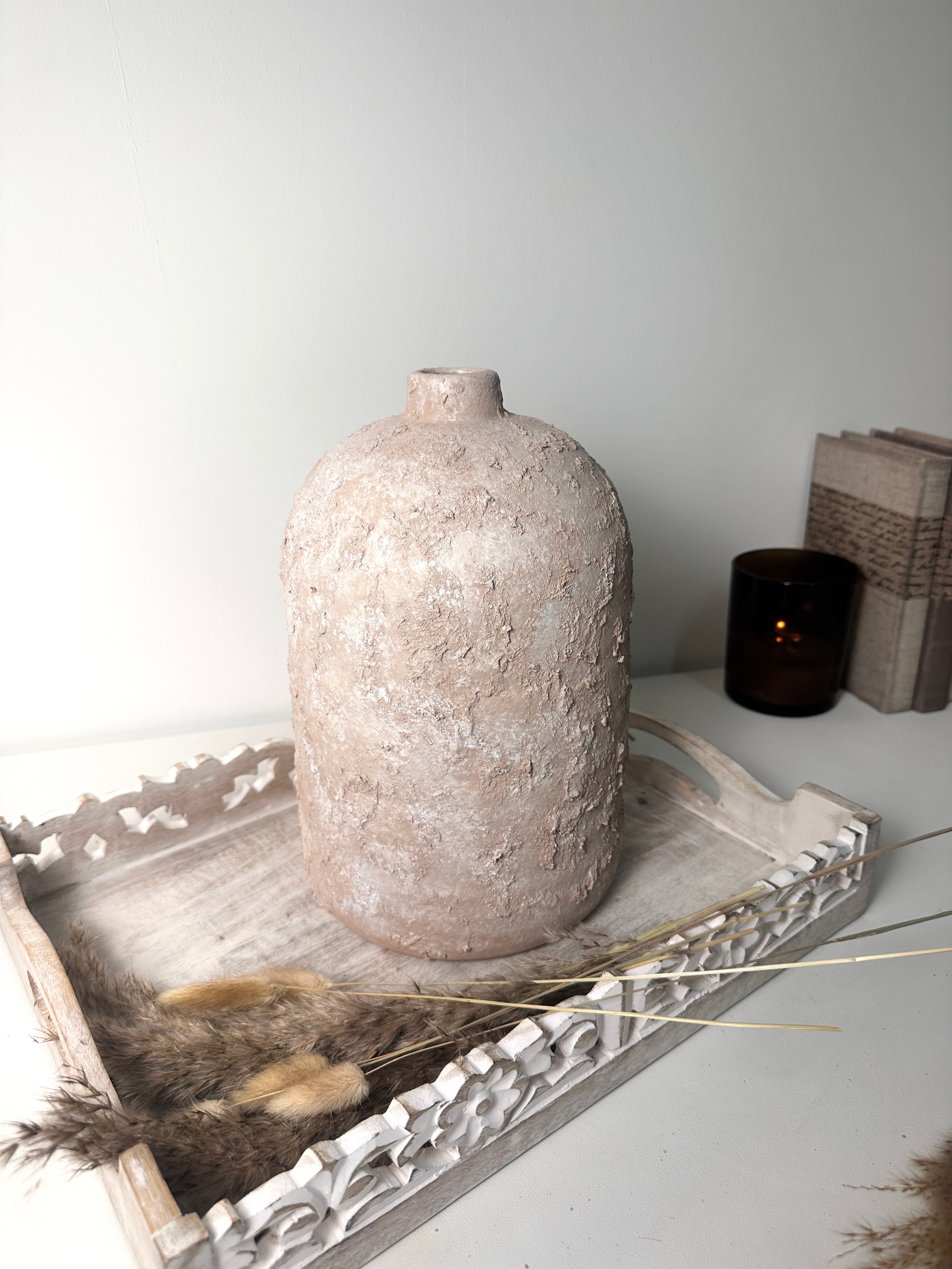 Rustic Ceramic Jar Vase Textured Handcrafted 12" tall - Light Beige Wash