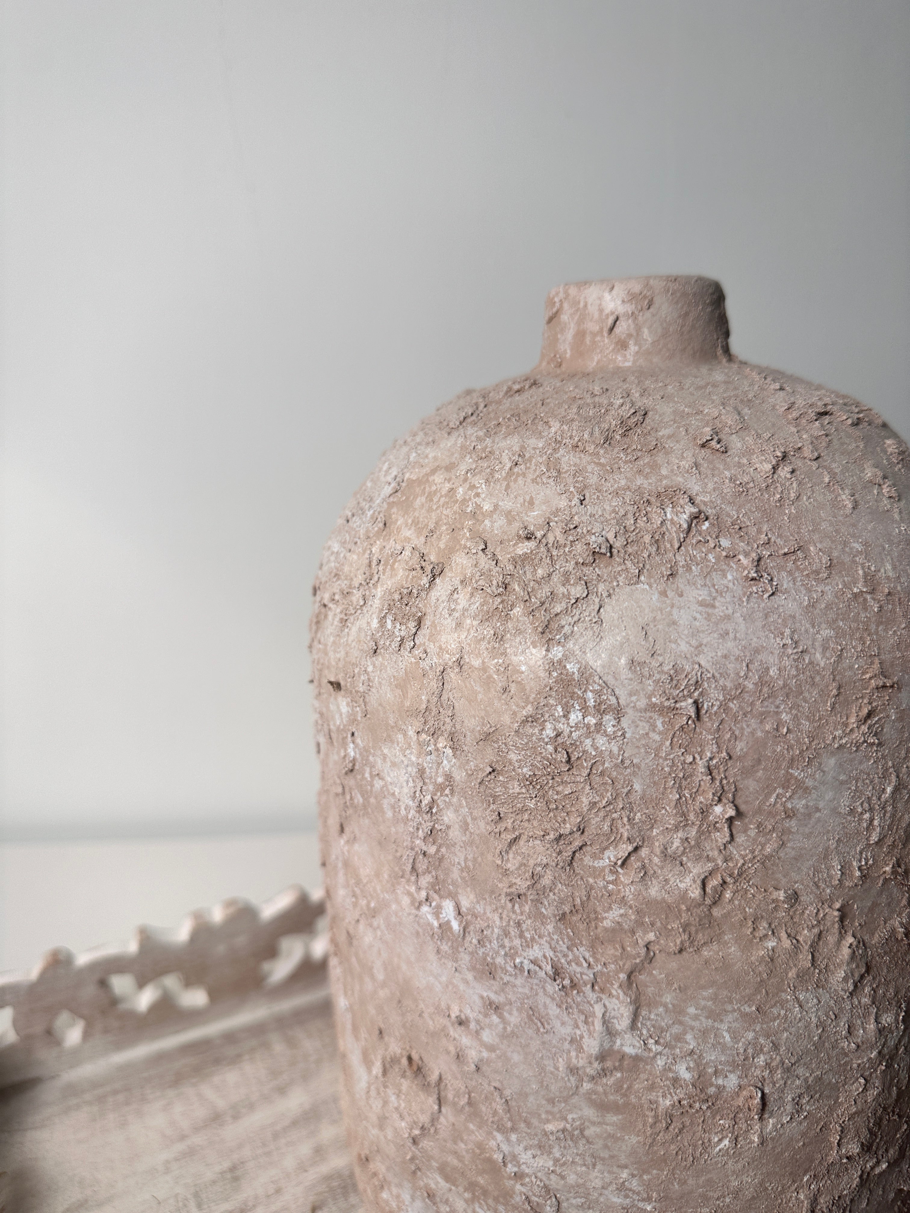Rustic Ceramic Jar Vase Textured Handcrafted 12" tall - Light Beige Wash