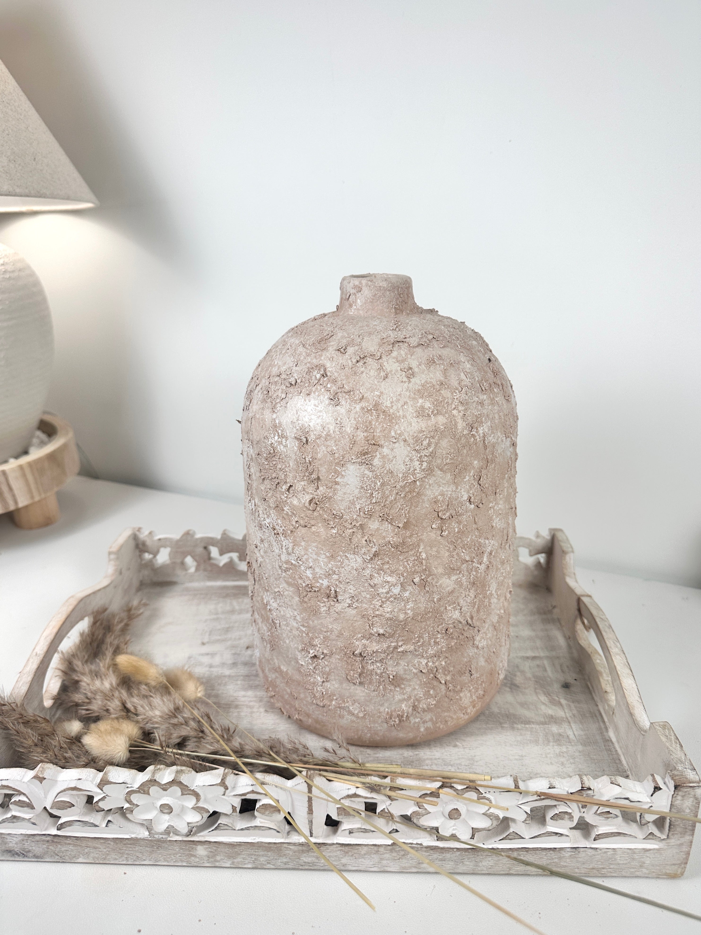 Rustic Ceramic Jar Vase Textured Handcrafted 12" tall - Light Beige Wash