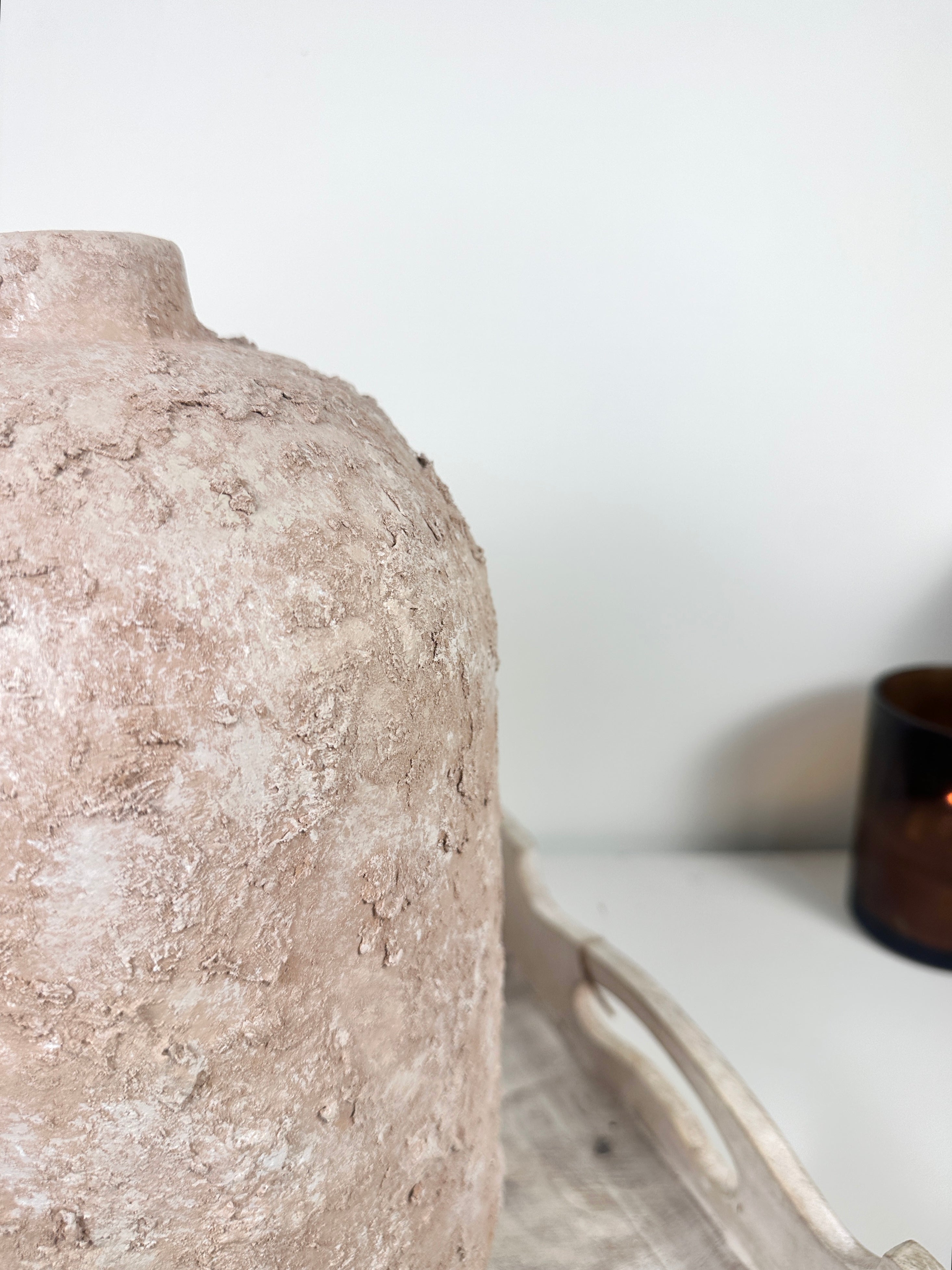 Rustic Ceramic Jar Vase Textured Handcrafted 12" tall - Light Beige Wash