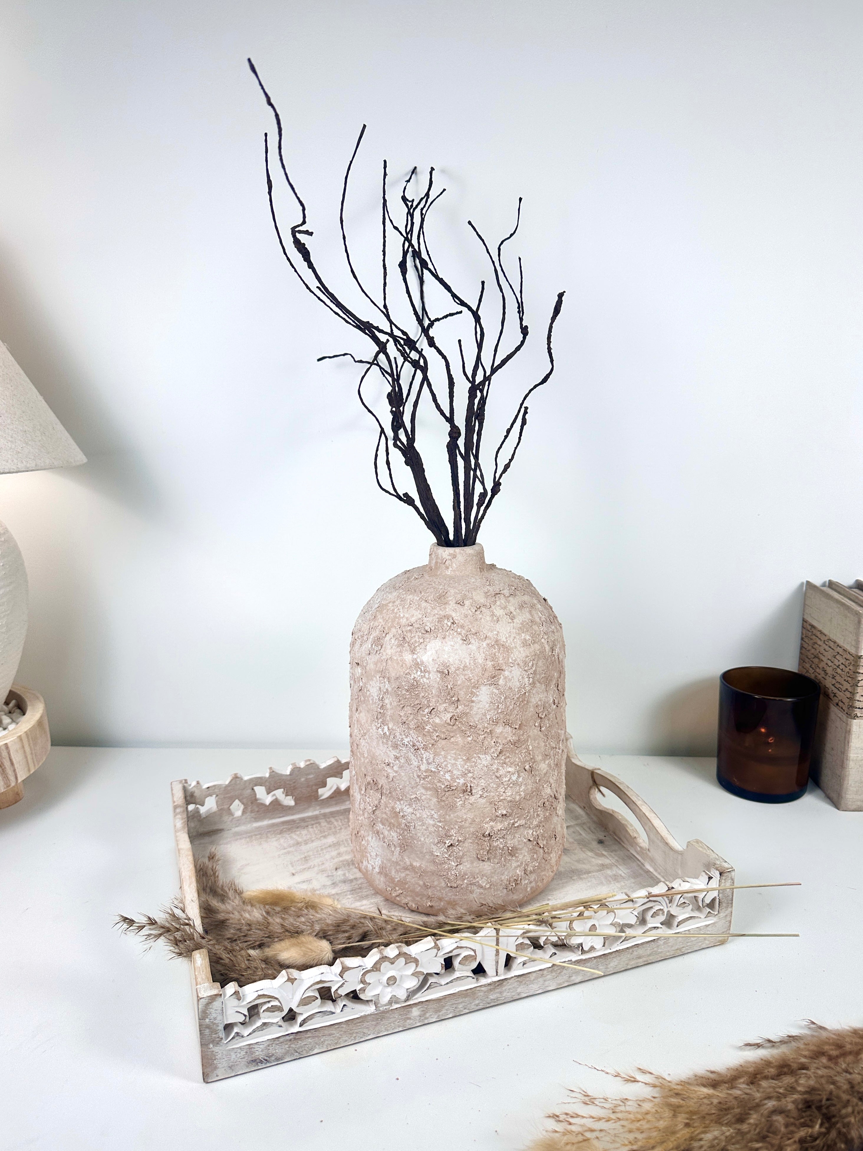 Rustic Ceramic Jar Vase Textured Handcrafted 12" tall - Light Beige Wash