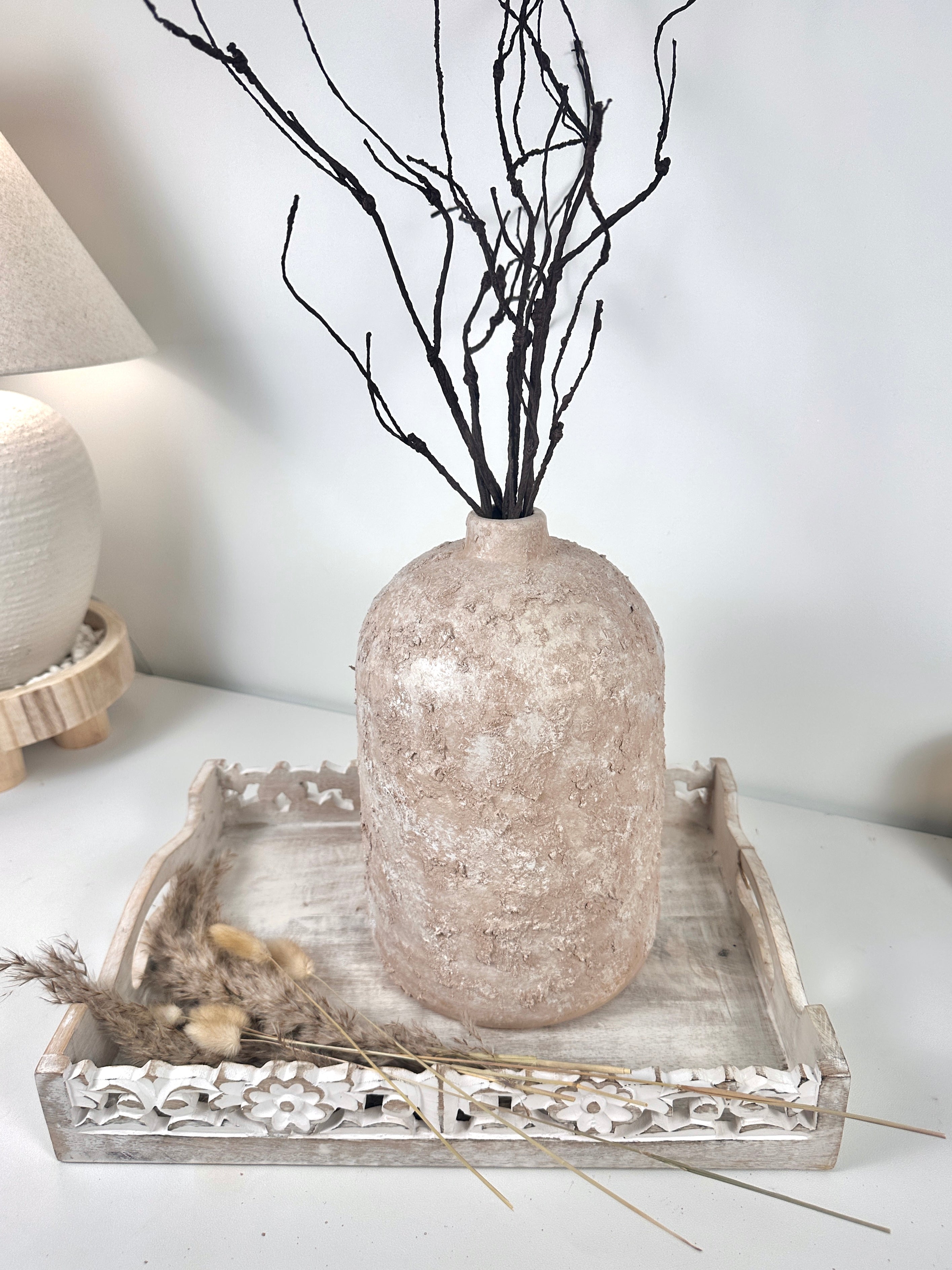 Rustic Ceramic Jar Vase Textured Handcrafted 12" tall - Light Beige Wash
