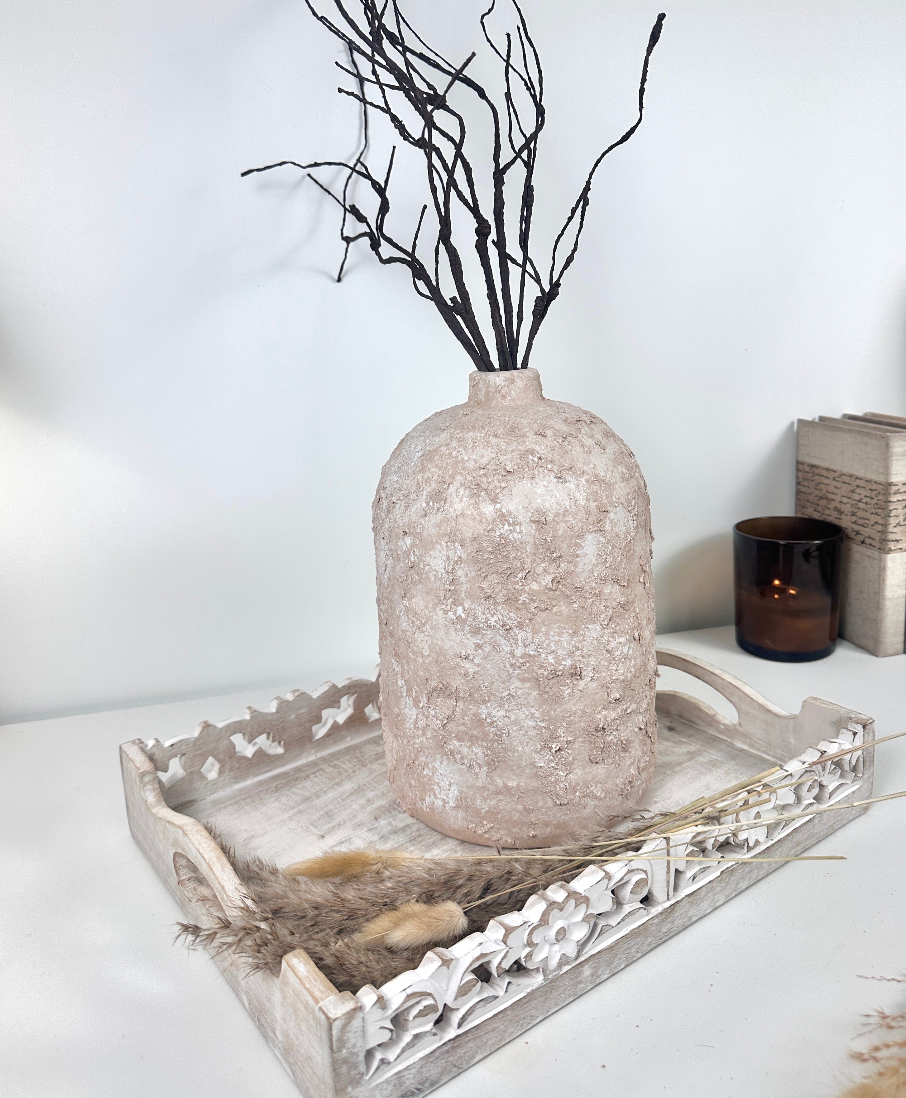 Rustic Ceramic Jar Vase Textured Handcrafted 12" tall - Light Beige Wash