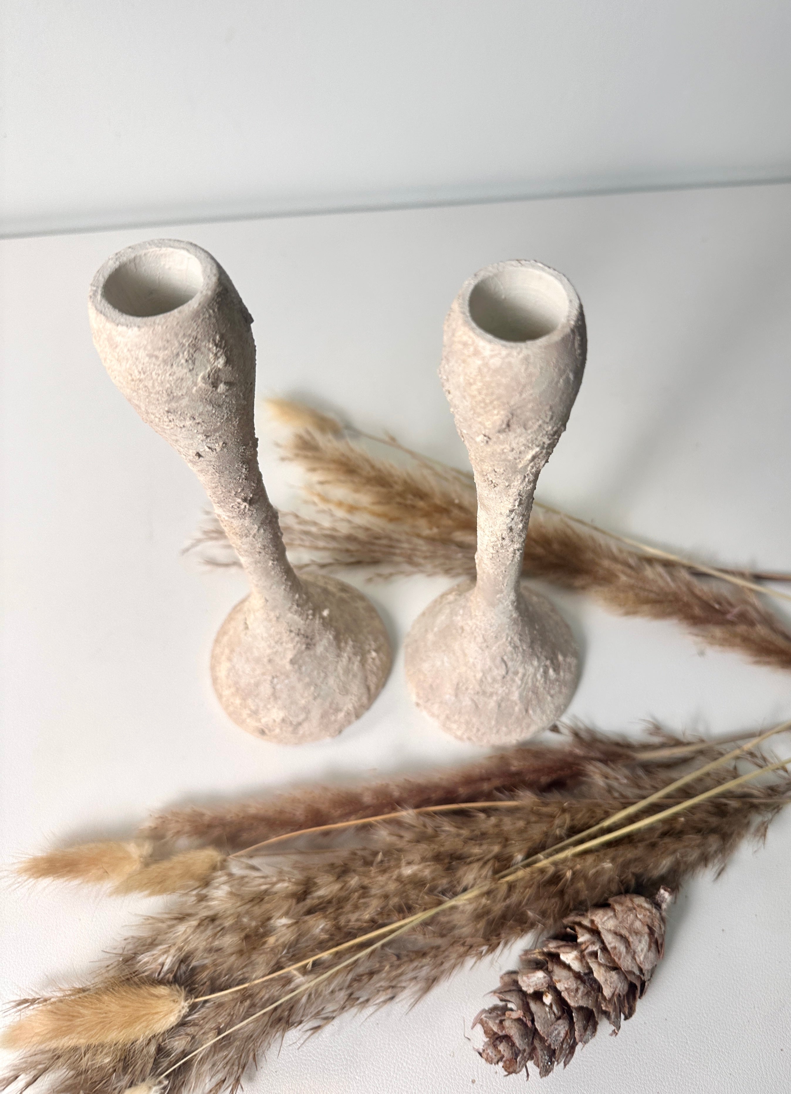 Set of 2 Candle Holders Minimalist Textured Hand-Painted 9" tall  - Cream Wash