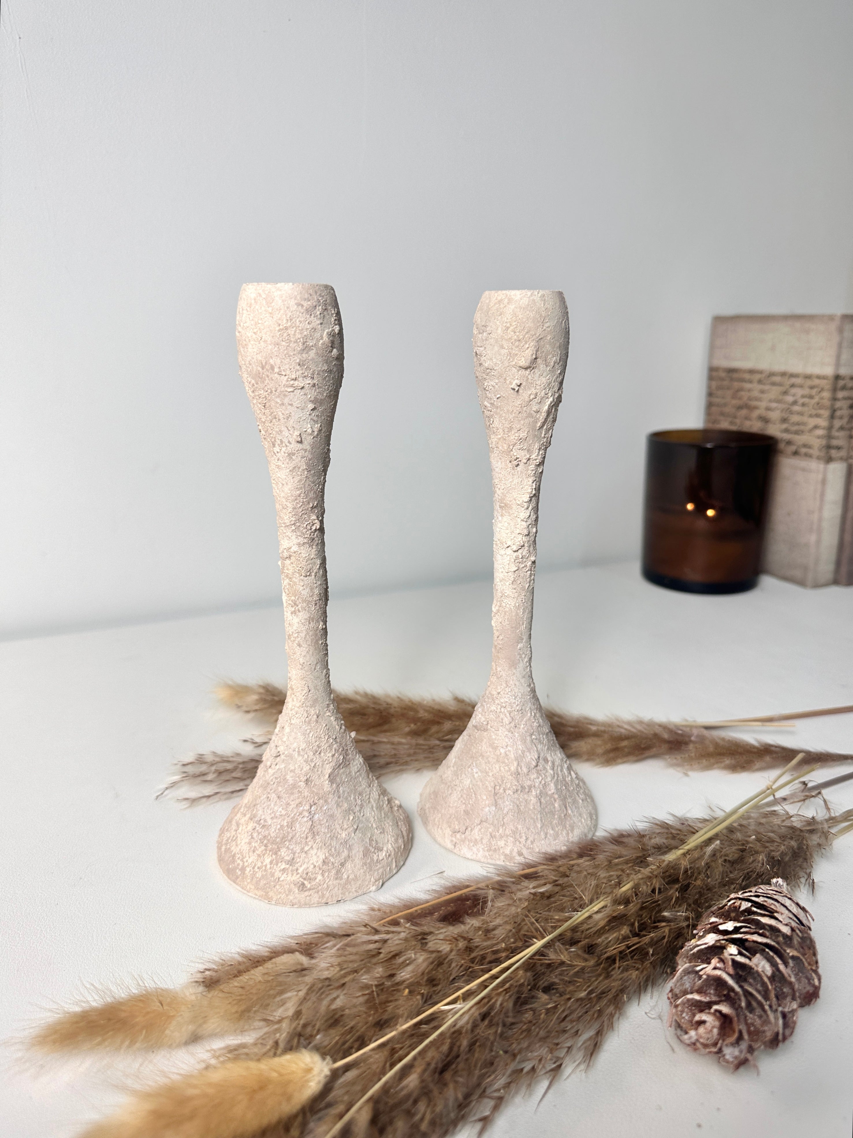 Set of 2 Candle Holders Minimalist Textured Hand-Painted 9" tall  - Cream Wash