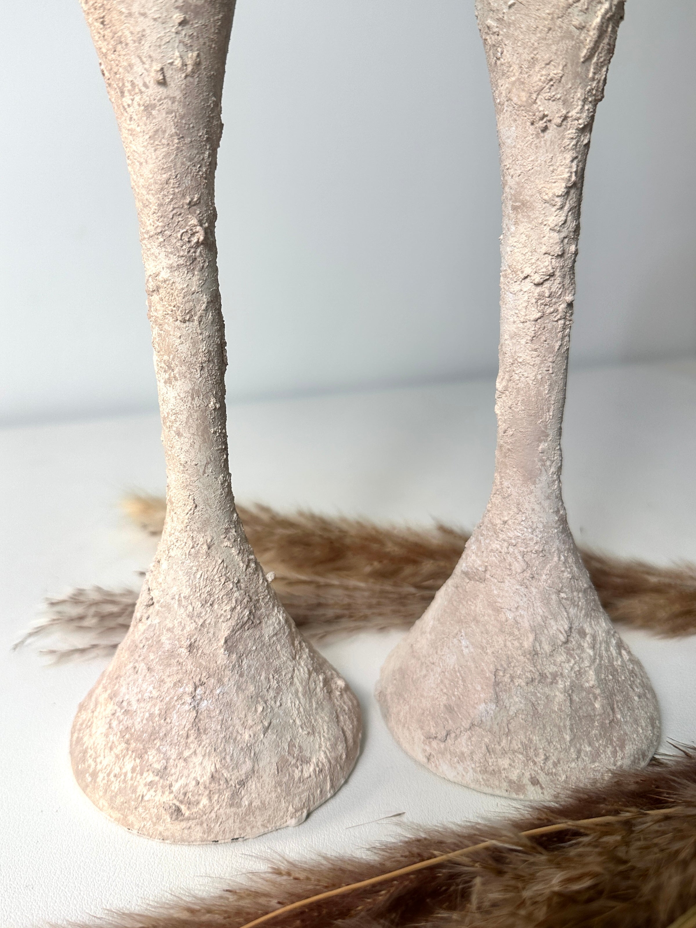 Set of 2 Candle Holders Minimalist Textured Hand-Painted 9" tall  - Cream Wash