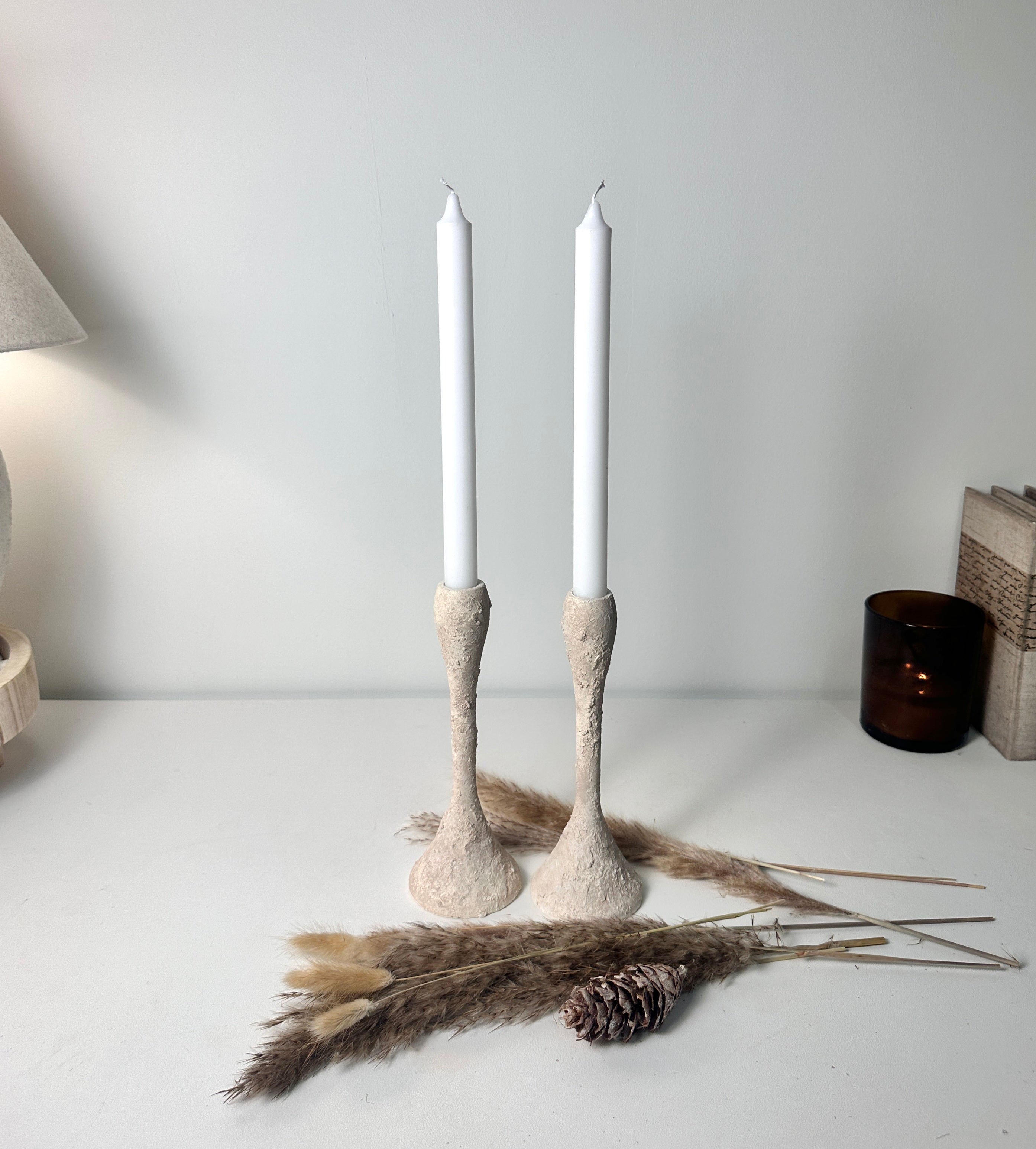 Set of 2 Candle Holders Minimalist Textured Hand-Painted 9" tall  - Cream Wash