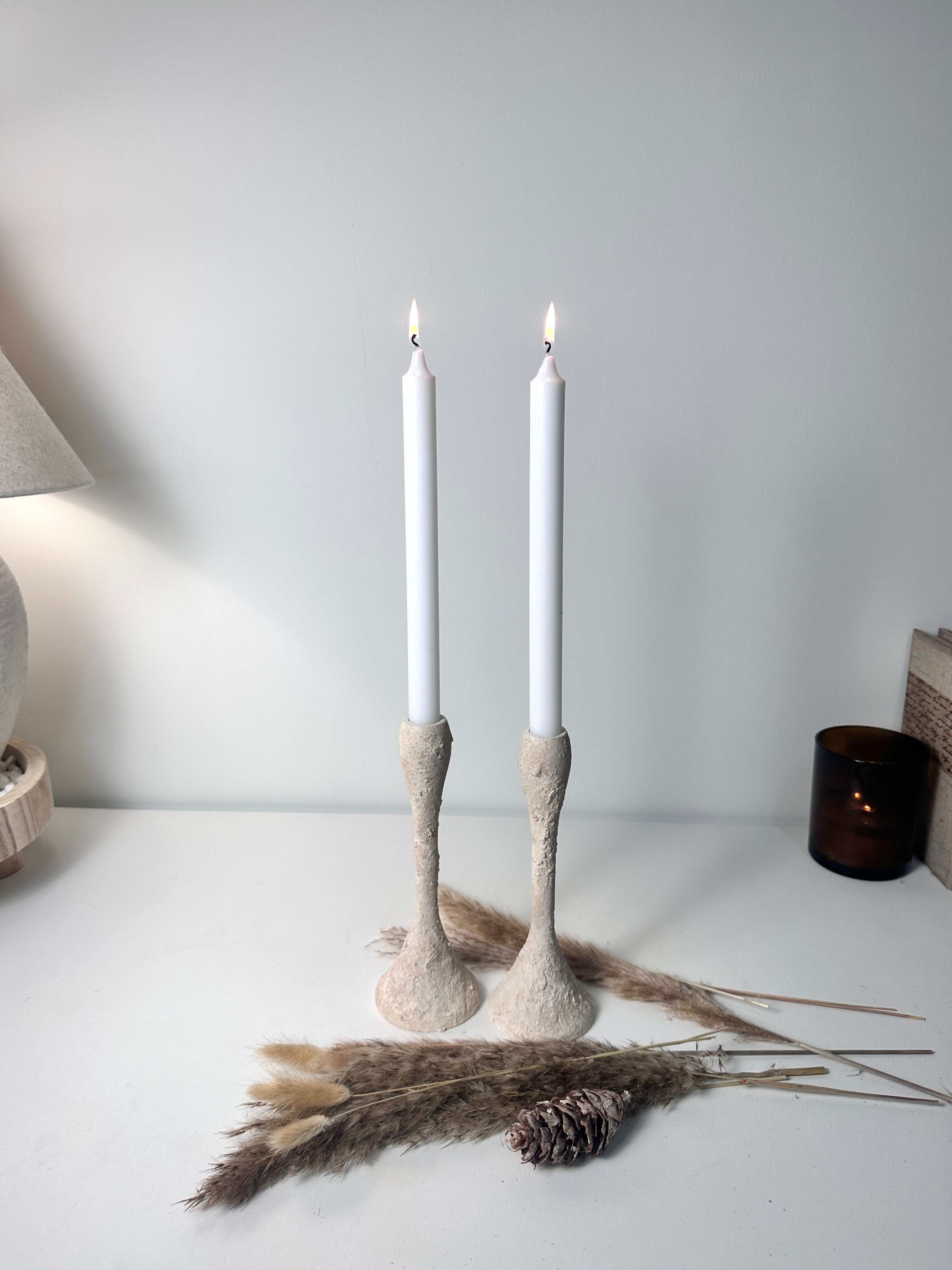 Set of 2 Candle Holders Minimalist Textured Hand-Painted 9" tall  - Cream Wash