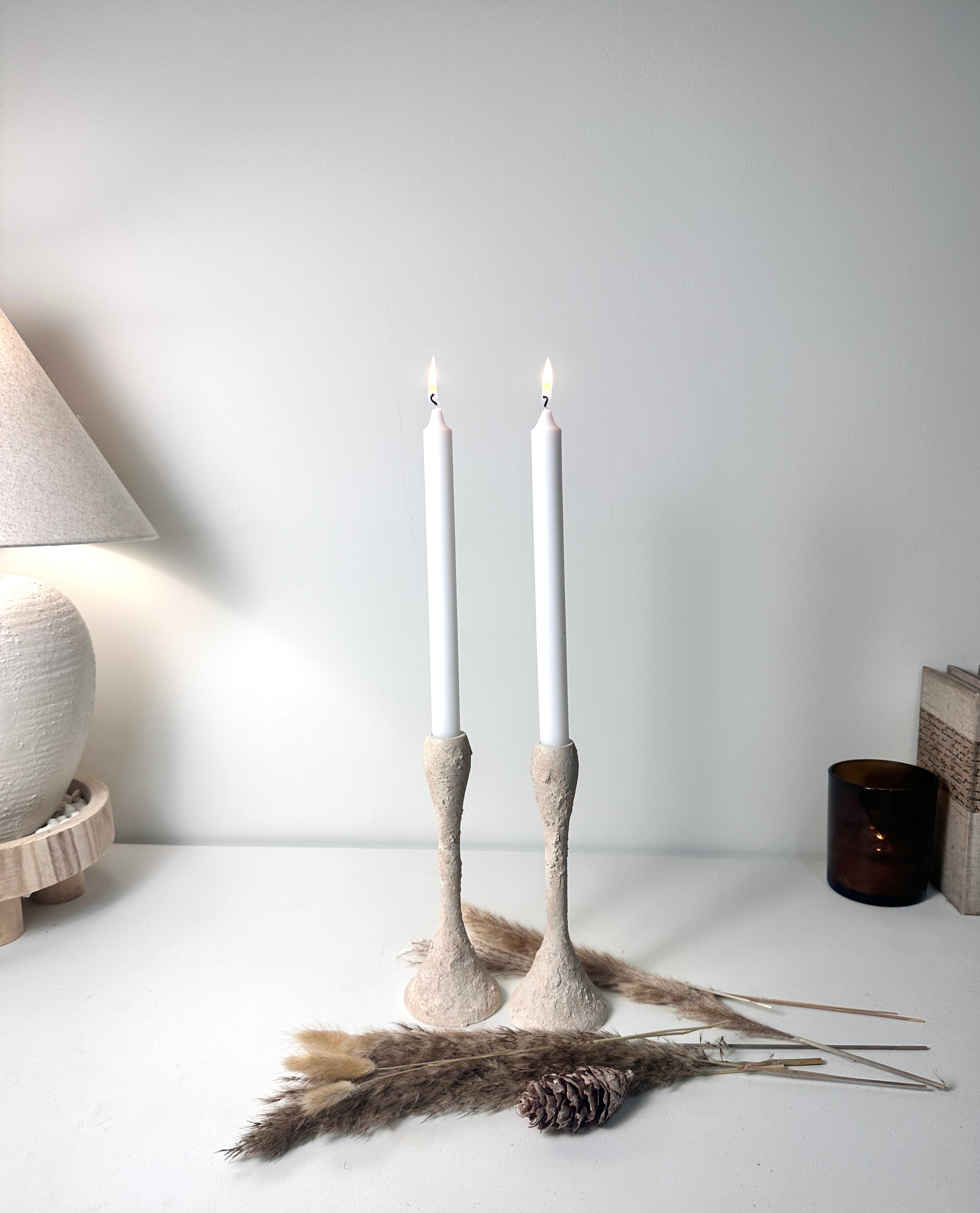 Set of 2 Candle Holders Minimalist Textured Hand-Painted 9" tall  - Cream Wash