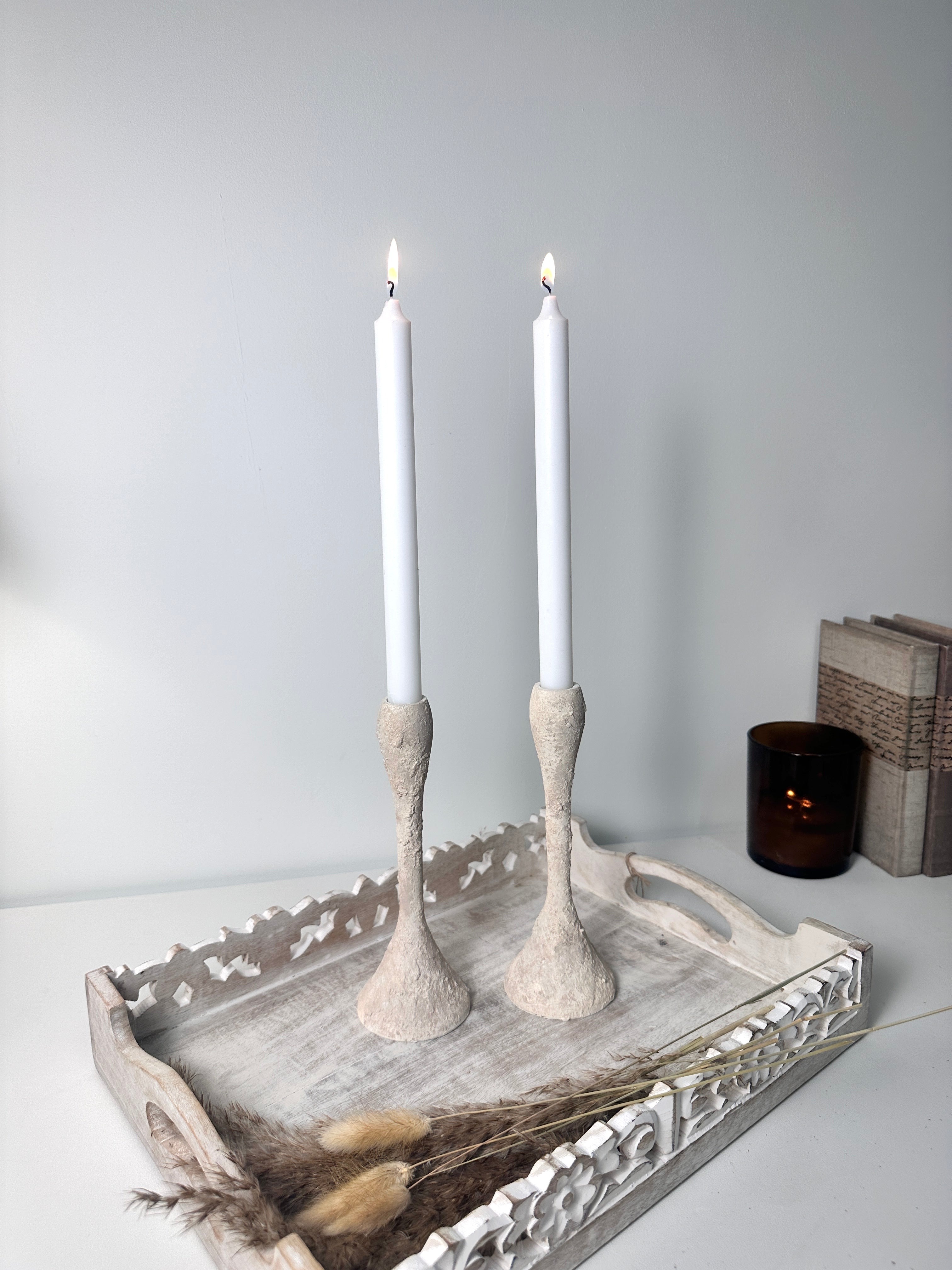 Set of 2 Candle Holders Minimalist Textured Hand-Painted 9" tall  - Cream Wash