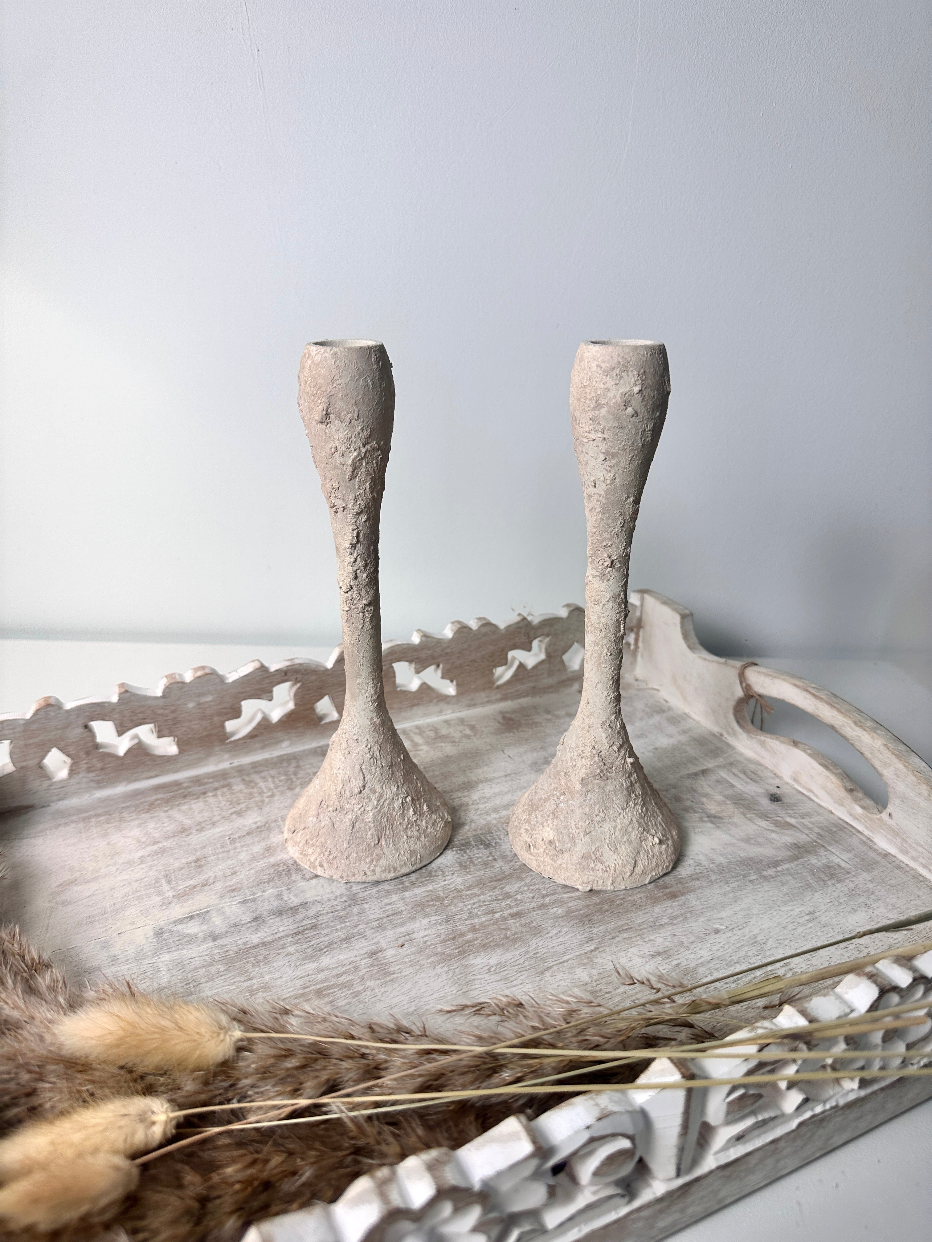 Set of 2 Candle Holders Minimalist Textured Hand-Painted 9" tall  - Cream Wash